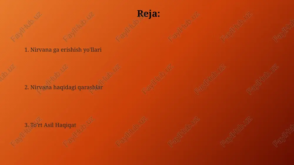 xulqning to'liq tozalanganligini anglatadi. nirvanaga erishgan shaxs, sotapatti maggaga yetib, uchta pastki samyasa (kamavacara, rupavacara va arupavacara) dan ozod bo'ladi. teravada an'analarida nirvana, samsaraning tugashi sifatida ta'riflanadi va bu 5 skandha (tan, his, idrok, shakllar, ong) ning butunlay yo'qolishi demakdir. nirvana va samsara munosabati nirvana, samsaraning aksi sifatida, 3 ta xususiyat – azob-uqubatlarning yo‘qligi, istaklarning yo‘qligi va qayta tug‘ilish tsiklidan ozod bo‘lishni anglatadi. samsara tsiklidan nirvana holatiga o‘tish uchun 8ta to‘g‘ri yo‘l bo‘yicha harakat qilish, 5ta yomon xatti-harakatdan saqlanish kabi amaliy choralar ko‘rish kerak degan fikr mavjud. “nirvana va samsara munosabati” iborasi budda ta’limotida 2 asosiy tushunchaning – doimiy o‘zgarishlar olamida (samsara) va ozodlik holatida (nirvana) o‘rtasidagi ziddiyatni ifodalaydi, 4 ta oliy haqiqat shuni tushuntirishga qaratilgan. to'rt asl haqiqatning ikkinchi haqiqati: samudaya samudayani tushunish, buddizmda 8 o'rinli yo'lning (ariya ashtanga marga) muhim tarkibiy qismidir, chunki u dukkhaning kelib chiqishini aniqlaydi. samudaya, ikkinchi asl haqiqat, dukkha yoki azob-uqubatlarning 12 sababi – …