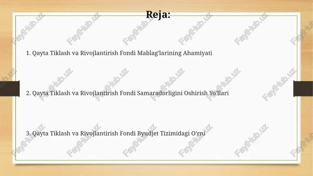 ishga 50 milliard soʻm miqdorida mablagʻ ajratish orqali, ish oʻrinlari sonini 10% ga oshirishga va aholining turmush darajasini yaxshilashga hissa qoʻshdi. jamgʻarma mablagʻlari hisobidan amalga oshirilgan loyihalar tufayli 2022 yilda yalpi ichki mahsulotning 1,5% ga oʻsishi kuzatildi, bu iqtisodiyotning barqarorlashuvida muhim rol oʻynadi. jamgʻarmaning byudjet taqchilligini qoplashdagi hissasi byudjet taqchilligini qoplashda jamgʻarmaning samaradorligi, oʻrtacha 10% lik inflyasiya sharoitida, taqdim etilgan mablagʻlarning soʻmda ifodalangan hajmiga bogʻliq. jamgʻarma, byudjet taqchilligining 2022-yilda 15%ini qoplashga hissa qoʻshgan boʻlib, bu miqdor yalpi ichki mahsulotning 0,8%ini tashkil etdi. resurslarning optimal taqsimlanishi tufayli, jamgʻarma 2023-yil byudjeti taqchilligining taxminan 12%, yoki 5 trillion soʻmni qoplashga yordam berdi. jamgʻarmaning kelajakdagi rivojlanish istiqbollari jamgʻarma mablagʻlarini samarali boshqarish va investitsiyalarni diversifikatsiya qilish orqali 2030-yilga kelib yalpi ichki mahsulotga qoʻshgan hissani 3% ga oshirish maqsad qilingan. jamgʻarma faoliyatining samaradorligini oshirish maqsadida kelgusi 5 yilda 20% ga koʻproq investitsiya jalb qilish va loyihalar sonini 15 taga yetkazish rejalashtirilgan. raqamli texnologiyalarni joriy etish orqali …