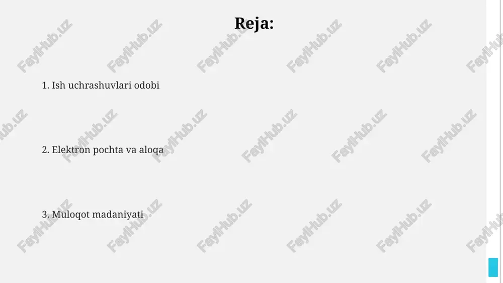 zmunini darhol tushunishiga yordam beradi. xat yozishda rasmiy til va ohangdan foydalaning, lekin haddan tashqari rasmiy bo'lmang. emojilar va qisqartmalardan ehtiyot bo'ling, professionallikni saqlang. har bir elektron pochta xabariga javob berish uchun 24 soat ichida javob berishga harakat qiling, shunda siz ishonchli va javobgar hamkor sifatida ko'rinasiz. stol odobi va tadbirlar rasmiy tadbirlar davomida telefoningizni jim rejimga o'tkazish va 15 daqiqadan ko'proq vaqt davomida qo'ng'iroqlarga javob bermaslik biznes-etiketining muhim qismidir. kompaniya vakili sifatida ishtirok etayotgan tadbirda firma logotipi tushirilgan kamida 2 ta vizitka bo'lishi kerak. stol odobining muhim qoidalaridan biri – 3 dan ortiq turdagi ichimliklarni bir vaqtning o‘zida taklif qilmaslik, bu mehmonlarga noqulaylik tug'dirishi mumkin. e'tiboringiz uchun rahmat @taqdimot_robot