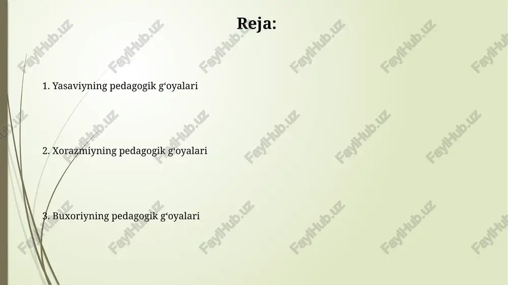 eʼrlari va hikmatlari, tasavvuf taʼlimining 3 asosiy tamoyillarini – taqvo, sabr va shukur – oʻzida mujassam etgan. xorazmiyning algebra va algoritmlarga oid asarlari, matematika taʼlimining rivojiga katta taʼsir koʻrsatib, 10 dan ortiq avlod olimlariga ilhom bergan. xorazmiyning matematik uslublari xorazmiy algebraik tenglamalarni yechishda 1-darajali va 2-darajali tenglamalar uchun aniq algoritmlarni ishlab chiqdi, bu zamonaviy algebra rivojiga katta hissa qo'shdi. xorazmiy geometrik hisob-kitoblarni amalga oshirishda, ayniqsa, maydon va hajmlarni hisoblashda, o'z davri uchun ilg'or usullarni qo'llagan. yasaviyning tarbiya falsafasi yasaviyning tarbiya falsafasi, 40 dan ortiq hadislardan va 12 ta asosiy tamoyildan iborat bo'lib, insoniylik va kamolga erishish yo'llarini ko'rsatadi. uning pedagogik g'oyalari, taqvodorlik, ilm olish va mehnatsevarlik kabi 7 ta asosiy fazilatni o'z ichiga oladi, bu fazilatlar orqali yaxlit shaxsni shakllantirishga qaratilgan. kelajakdagi tadqiqotlar uchun takliflar 15-20 asrdagi maktab dasturlari bilan ushbu ulug' mutafakkirlarning pedagogik qarashlarini solishtirish orqali ularning zamonaviy ta'limga ta'sirini aniqlash muhimdir. buxoriy, xorazmiy va yassaviy pedagogik g'oyalarining 10 …