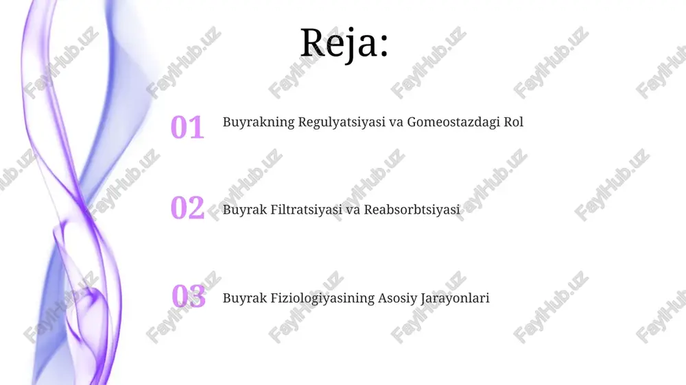 qolgan qismi esa distal kanalcha va yigʻuvchi naychalarda faol ravishda sekretsiyalanadi. gidrogen ionlarining (h+) tubulyar sekretsiyasi qonning ph muvozanatini saqlashda muhim rol o'ynaydi va bu jarayon qonning kislotaliligini kamaytirish uchun muhimdir. suv-elektrolit muvozanati suv-elektrolit muvozanati buzilganda, masalan, qonda natriy darajasi 135 mmol/l dan past yoki 145 mmol/l dan yuqori bo'lganda, giponatremiya yoki gipernatriemiya kabi jiddiy holatlar yuzaga kelishi mumkin, bu esa organizmning turli funksiyalariga salbiy ta'sir ko'rsatishi mumkin. buyraklarning suv-elektrolit muvozanatini tartibga solishdagi asosiy mexanizmlaridan biri, siydik hosil bo'lish jarayonida suvning qayta so'rilishi va elektrolitlarning faol reabsorbsiyasi hisoblanadi, bu jarayonlar gormonlar, masalan, aldosteron va antidiuretik gormon (adh) tomonidan nazorat qilinadi. glomerulyar filtratsiya glomerulyar filtratsiya tezligi (gfr) kreatinin klirensi yordamida o'lchanadi va buyrak funksiyasining muhim ko'rsatkichidir, normal qiymatlari 90-120 ml/min oralig'ida. glomerulyar filtratsiyada har minutda taxminan 125 ml suyuqlik buyrak glomerulalaridan kapsulyaga o'tadi, bu esa kuniga 180 litrga teng. paratiroid gormoni (pth)ning ta'siri pth buyrakda 1,25-dihidroksixolekaltsiferol (faol d vitamini) sintezini rag'batlantiradi, …
