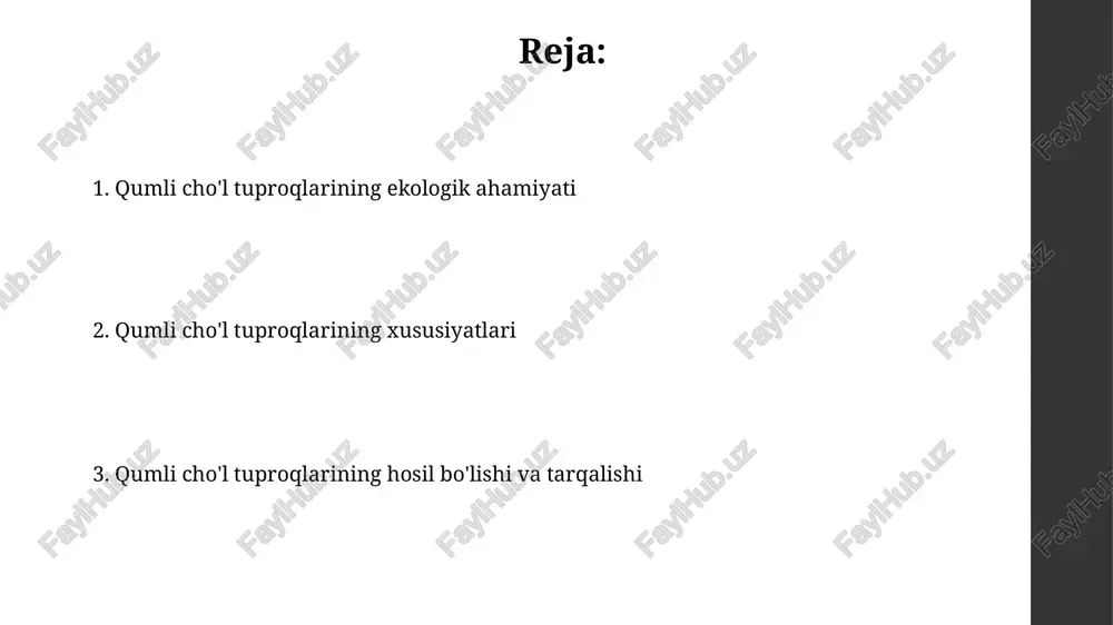 uchun, shamol to`siqlarini o`rnatish orqali, tuproq yuzasini 30-40% ga himoya qilish va unumdorlikni saqlash mumkin, bu esa cho`l sharoitida juda muhimdir. cho'l tuproqlarida o'simliklar cho'l o'simliklarining ko'pchiligi (taxminan 70%) kserofitlar guruhiga kiradi va suvni tejash uchun maxsus morfologik va fiziologik moslashuvlarga ega. cho'l tuproqlarida o'simliklarning 10-15% gacha bo'lgan qismi chuqur ildiz tizimiga ega bo'lib, yer osti suvlaridan foydalanadi, bu esa ularning qurg'oqchilikka chidamliligini oshiradi. qishloq xo'jaligi va cho'l tuproqlari qumli cho'l tuproqlarining suv o'tkazuvchanligi yuqori bo'lib, suv tez so'rilishi natijasida 70-80% suv yo'qotilishi mumkin, shu sababli tomchilatib sug'orish usuli samaraliroq bo'ladi. cho'l tuproqlarining past hududlaridagi sho'rlanish darajasi 3-5 promildan oshsa, ekinlarning hosildorligi keskin pasayadi, sho'rlangan erlarni rekultivatsiya qilish choralarini ko'rish lozim. cho'l tuproqlarining ekologik ahamiyati cho'l tuproqlarining shamollashga moyilligi yuqori bo'lib, yillik 10-30 tonna/ga miqdorida tuproq eroziyasi kuzatiladi, bu esa cho'lning kengayishiga olib keladi. cho'l tuproqlari 0,1-0,5% organik moddaga ega bo'lib, bu o'simliklarning o'sishi va tuproq unumdorligini cheklaydi, ammo noyob …