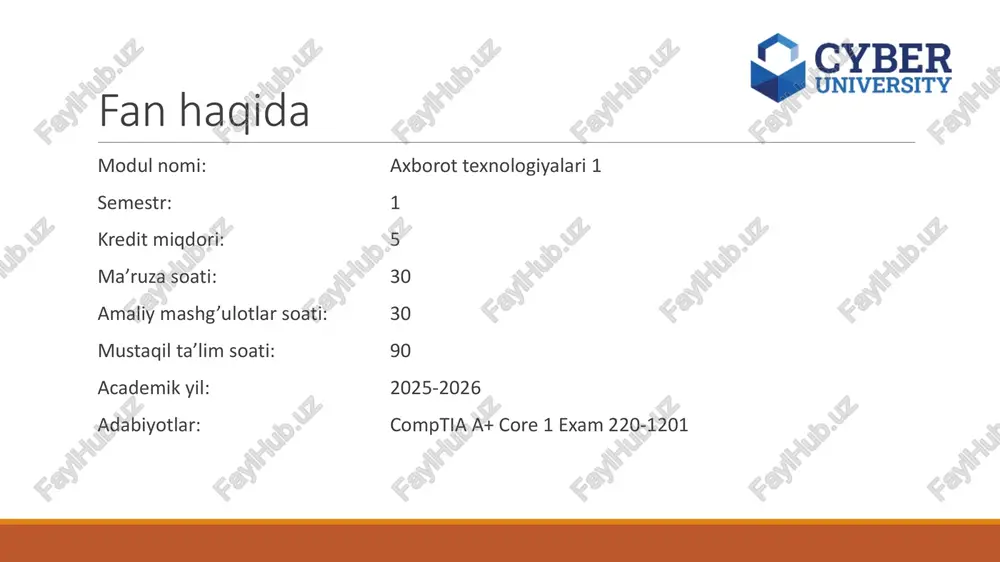 i tozalanadi. imtihon nuqtasi: laser printer ishlash jarayonini to‘g‘ri ketma-ketlikda bilish talab qilinadi. asosiy g‘oya fotosezgir drum (opc) yuzasiga elektr zaryad beriladi, lazer uni kerakli joylarda zaryaddan xoli qiladi (yashirin “latent” tasvir). toner shu joylarga yopishadi, transfer bosqichida qog‘ozga o‘tadi va fuser’da issiq bosim bilan qog‘ozga “eritib yopishtiriladi”. oxirida drum tozalanadi va zararsizlantiriladi. arxitektura: kim nima qiladi? formatter/controller: kompyuterdan kelgan raster ma’lumotni tayyorlaydi. dc controller: mexanikalar va hvps bilan muloqot, jarayonni uyg‘unlashtiradi. hvps (high-voltage power supply): drum/rollerlar uchun yuqori kuchlanishlar. lsu (laser/scanner unit): lazer diod, aylanuvchi ko‘p yalli polygon mirror, linzalar. opc drum: fotosezgir silindr (ko‘pincha yashil). developer/primary charge/transfer/fuser: “ishchi kvartet”. processing (ma’lumotni tayyorlash) jarayon: kompyuter → drayver → printer raster image processing (rip) orqali sahifani piksel- pikselga aylantiradi. komponentlar: formatter board, ram, protsessor. natija: lsu uchun “chizish rejası” tayyor. help desk eslatma: ◦ rang muammolari ko‘pincha drayver/profil yoki rip sozlamalaridan keladi. charging (birxil zaryad berish) jarayon: primary charge roller …