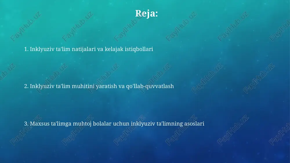 yatlarni ta'minlashga va ijtimoiy-emotsional rivojlanishini yaxshilashga yordam beradi, ijtimoiy integratsiyani kuchaytirish orqali kamida 2 barobar ko'proq muvaffaqiyatlarga erishish imkonini beradi. o'qituvchilarning roli va tayyorgarligi inklyuziv sinflarda samarali ishlash uchun o'qituvchilar differensiatsiya qilingan ta'lim strategiyasi va kamida 4 ta turli o'quv uslublarini qo'llashni bilishlari zarur. o'qituvchilarning o'quvchilarning individual ehtiyojlarini aniqlash va ularga moslashtirilgan o'quv rejalari tuzish bo'yicha amaliy ko'nikmalari muhim ahamiyatga ega. inklyuziv sinf xonalarini tashkil etish o‘quv materiallari va vositalarining 30% dan ortig‘i turli xil o‘rganish uslublarini, shu jumladan, vizual, auditoriy va kinestetik uslublarni qo‘llab-quvvatlashi kerak. inklyuziv sinf xonalarini loyihalashda, kamida 20% maydon harakatlanuvchi va moslashuvchan mebellar bilan jihozlanishi, bu esa turli xil o‘quv uslublariga moslashish imkonini beradi. baholash va monitoring monitoring natijalariga ko‘ra, kamida 6 oyda bir marta individual ta'lim rejasini qayta ko‘rib chiqish va kerak bo‘lganda tuzatish, o‘quv jarayonini yaxshilash uchun zarur. o‘quvchilarning ta'limdagi yutuqlari va qiyinchiliklari haqida muntazam ravishda, masalan, har chorakda yoki har yarim yilda, ma'lumotlar …