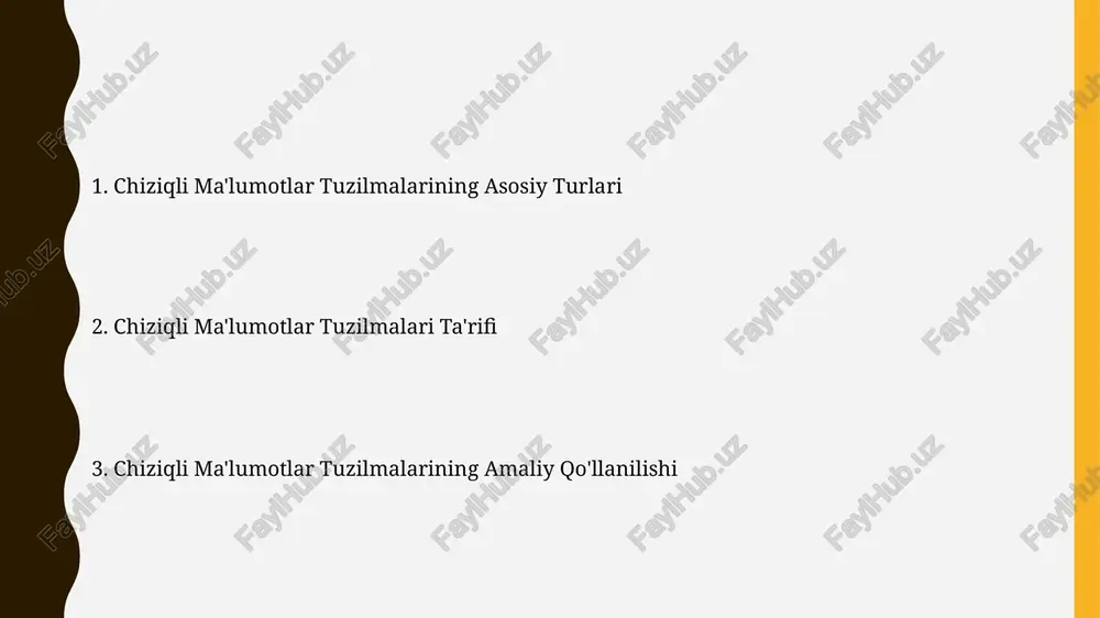 n, bu esa o(1) murakkablikka ega bo'ladi. xulosa lineer ma'lumot tuzilmalari, masalan, massivlar va bog'langan ro'yxatlar, ma'lumotlarni ketma-ket saqlash orqali 1 dan n gacha o'zgaruvchan miqdordagi elementlarni samarali saqlash imkonini beradi. lineer tuzilmalarda elementlarga kirish va ularni qidirish indeksi yoki iterator yordamida amalga oshiriladi, bu esa o(1) yoki o(n) murakkablik darajasiga ega bo'lishi mumkin. vektorlar vektorlarda elementlarga kirish va ularni o'zgartirish o(1) vaqtida amalga oshiriladi, ammo elementlarni qo'shish yoki o'chirish o(n) vaqt talab qilishi mumkin, chunki bu qolgan elementlarning siljishiga olib kelishi mumkin, bu yerda n – vektor uzunligi. vektorlarni amalga oshirish uchun massivlar yoki bog'langan ro'yxatlar kabi turli xil ma'lumotlar tuzilmalari ishlatilishi mumkin, har birining o'zining afzalliklari va kamchiliklari bor, masalan, massivlar tezroq kirishni ta'minlaydi, lekin o'zgaruvchan uzunlikka moslashish qiyinroq. murakkablik tahlili chiziqli ma'lumot strukturasi uchun murakkablik tahlili, masalan, massivda elementni qidirish uchun eng yomon holatda o(n) vaqtiy murakkablikni, eng yaxshi holatda esa o(1) ni ko'rsatadi. bu qidirish algoritmiga …