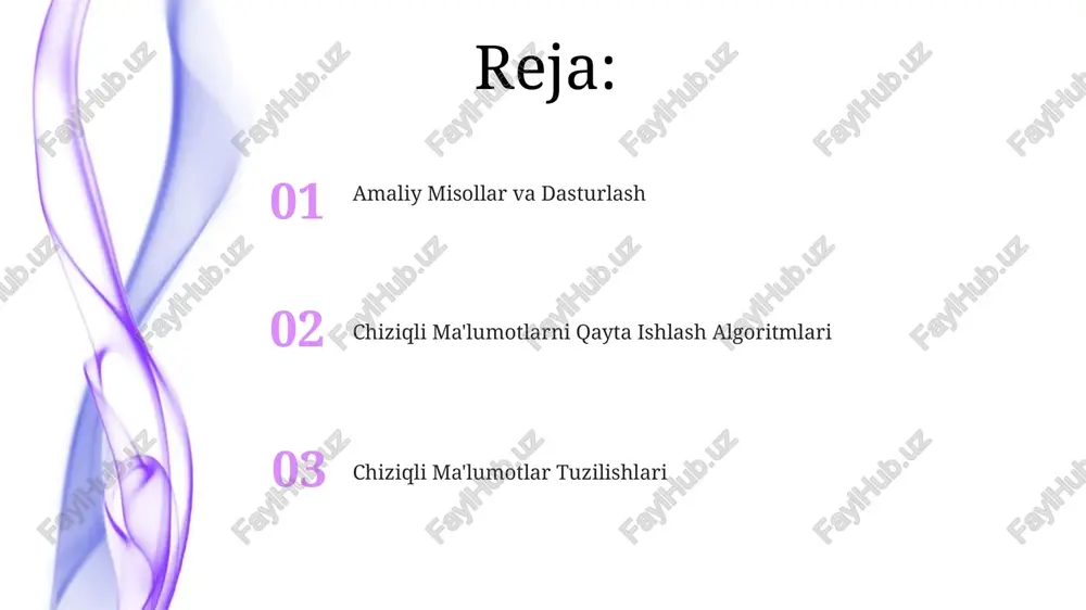 nadi, ya'ni birinchi qo'shilgan element birinchi bo'lib olib tashlanadi. bu xususiyat ko'pgina dasturiy ta'minot muammolarini, masalan, chop etish navbatini yoki tarmoq so'rovlarini qayta ishlashni samarali hal qilish imkonini beradi. navbatlarni amalga oshirish uchun massivlar yoki bog'langan ro'yxatlar kabi turli xil ma'lumotlar tuzilmalari ishlatilishi mumkin. massivlar oddiyroq, ammo dinamik o'sish uchun qayta o'lchamlashni talab qiladi, bog'langan ro'yxatlar esa dinamik o'sish uchun ancha moslashuvchan. navbatning asosiy operatsiyalari – bu element qo'shish (enqueue) va element olib tashlash (dequeue) operatsiyalari bo'lib, ularning har biri o(1) vaqt murakkabligiga ega bo'lishi mumkin. biroq, agar navbat to'lib qolsa, qo'shimcha xotira ajratish kerak bo'ladi. massivlar bilan ishlash massivlarni qidirishda lineer qidirish (o(n)) va ikkilik qidirish (o(log n)) algoritmlari qo'llaniladi, bunda ikkilik qidirish faqat saralangan massivlar uchun samaraliroq. massiv elementlariga kirish uchun indekslardan foydalaniladi, indekslar 0 dan boshlanadi va massiv uzunligidan 1 ga kam bo'lgan qiymatgacha o'zgaradi, masalan, 10 ta elementli massivda indekslar 0 dan 9 gacha. ikki o'lchovli …