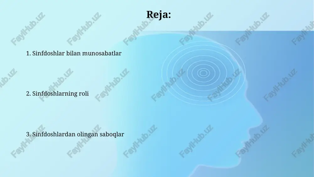 limlar almashinuvi natijasida sinfdoshlaringizdan 5 ta yangi ma'lumot yoki ko'nikmalarni o'rganishingiz va shuningdek o'zingizning bilim va ko'nikmalaringizni boyitishingiz mumkin. sinfdoshlar orasidagi raqobat sinfdoshlar o'rtasidagi raqobat, o'rtacha 70% hollarda o'quv natijalariga ijobiy ta'sir ko'rsatadi, ammo sog'lom raqobat chegarasini aniqlash muhim, aks holda stress va ruhiy tushkunlikka olib kelishi mumkin. iqtidorli bolalar orasida 30% ga yaqin raqobat, o'z-o'zini rivojlantirishga va yuqori marralarga intilishga turtki bo'ladi, lekin salbiy natijalarga olib kelmasligi uchun o'qituvchilarning qo'llab-quvvatlashi zarur. sinfdoshlardan o'rganish sinfdoshlaringizning 2-3 ta kuchli tomonlarini aniqlab, ularning o'qish strategiyasidan foydalanib, o'zingizning o'qishingizni 15% ga yaxshilashingiz mumkin. guruh loyihalarida ishtirok etish orqali, kamida 5 ta yangi ko'nikma va bilimlarni, masalan, muloqot, hamkorlik va muammo yechish ko'nikmalarini egallab olishingiz mumkin. sinfdosh kim? "sinfdosh kim?" iborasi odatda 10-15 yosh oraligʻidagi bolalar va oʻsmirlar oʻrtasida qoʻllaniladi, bu ularning ijtimoiy doirasi va tengdoshlari bilan boʻlgan munosabatlarini aks ettiradi. "sinfdosh kim?" degan savolga javob, o'quvchining sinfdagi 20-30 nafar o'quvchilar ichidan yaqin do'stlari, …