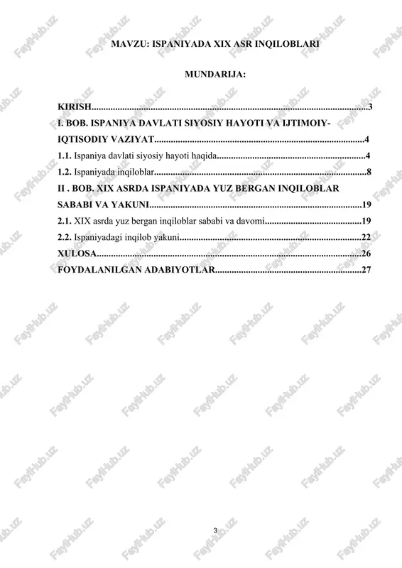 ydalanishga va burjua sinfining rivojlanishiga imkon berdi. bundan tashqari, ispaniya gegemoniyasiga xos bo'lgan o'tmishdagi mutlaq monarxiya konstitutsiyaviy va parlamentli monarxiya bilan almashtirildi. xuddi shu tarzda, ba'zi cherkov tashkilotlari va muassasalari, masalan, inkvizitsiya - yopildi. ushbu o'zgarish bilan birga manorial huquqlar ham yo'q bo'lib ketdi, bu feodal jamiyatning tanazzulga olib keldi va asosan ishchilar va burjuaziyadan tashkil topgan ijtimoiy sinflarga bo'lingan jamiyatning bo'linishiga yo'l qo'ydi.ushbu yangilanish jarayoni nafaqat ispaniyada sodir bo'ldi, balki butun evropada tarqaldi va sanoat inqilobi sifatida tanilgan. biroq, ispaniyada sanoatlashtirish boshqa qit'adagi angliya yoki frantsiya kabi rivojlanmadi, shuning uchun qishloq xo'jaligi yarim orol iqtisodiyotida asosiy og'irlikni saqlab qoldi.ispaniyaning yangi parlament rejimiga kelsak, u boshqa evropa mamlakatlaridagi kabi barqarorlasha olmadi, chunki ispaniya burjuaziyasi siyosiy qarorlarda u qadar katta qatnashmadi. biroq, o'nlab yillar davomida va xorijiy ta'sir tufayli mamlakatni modernizatsiya qilish va zamonaviy asrni boshlash mumkin edi. kurs ishining maqsad va vazifalari. ushbu kurs ishining maqsad va vazifalari quyidagilardan iborat: …
