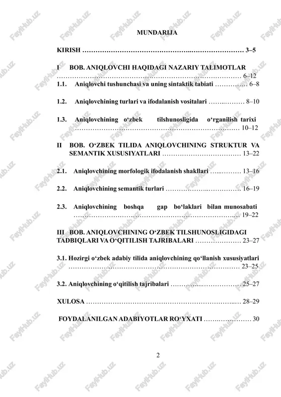 lanmishni belgilovchi yoki izohlovchi vazifani bajaradi. bu hodisa tildagi so‘zlararo sintaktik bog‘lanishning eng faol turlaridan biri sanaladi. shuningdek, aniqlovchi hodisasining morfologik, semantik va uslubiy jihatdan tahlili o‘zbek tili grammatikasining muhim yo‘nalishlaridan biridir. shu sababli mazkur mavzuni chuqur o‘rganish tilshunoslikning nazariy va amaliy ahamiyatini yanada oshiradi. mavzuning dolzarbligi shundan iboratki, bugungi kunda o‘zbek tili grammatik qurilishi bo‘yicha olib borilgan tadqiqotlarda so‘z birikmasi va gap tarkibidagi bo‘laklarning o‘zaro munosabati masalasi yanada chuqurlashib bormoqda. shunga qaramay, aniqlovchining turlari, ularning struktur-semantik xususiyatlari hamda zamonaviy adabiy tildagi qo‘llanish imkoniyatlari to‘liq o‘rganilgan deb bo‘lmaydi. ayniqsa, o‘quv jarayonida aniqlovchi mavzusini o‘qitishning samarali metodikasini ishlab chiqish masalasi dolzarb bo‘lib qolmoqda. mavzuning maqsadi — o‘zbek tilida aniqlovchi hodisasining nazariy asoslarini yoritish, uning struktur-semantik xususiyatlarini tahlil qilish va zamonaviy o‘zbek tilida qo‘llanish xususiyatlarini o‘rganishdan iborat. mavzuning vazifalari quyidagilardan iborat: 1. aniqlovchi tushunchasining grammatik mohiyatini aniqlash; 2. aniqlovchining turlari va ularning ifodalanish vositalarini tahlil qilish; 3. aniqlovchining boshqa gap bo‘laklari bilan …