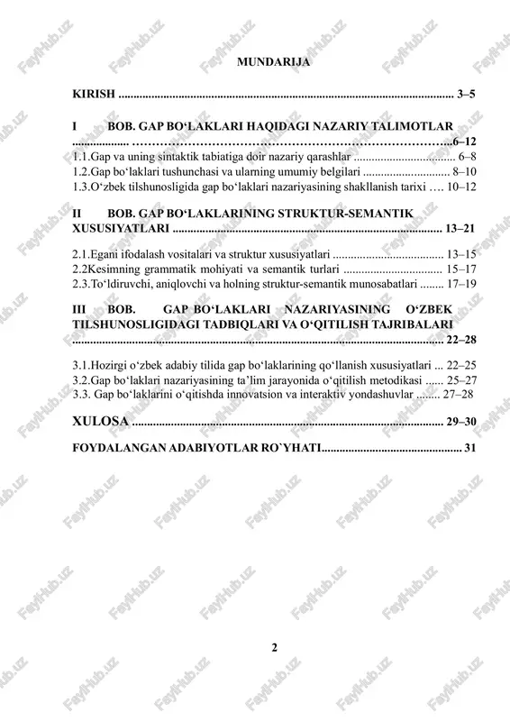 ............................. 31 2 kirish til — jamiyat hayotining ajralmas qismi, inson tafakkuri va ijtimoiy ongining asosiy ifoda vositasidir. inson o‘z fikrini tilda aks ettirar ekan, bu jarayonda til birliklarining eng yirik sintaktik shakli — gap orqali borliq haqidagi tasavvurlarini ifodalaydi. gap lisoniy tizimda fikrning to‘liq ifodasi sifatida ajralib turadi, unda so‘zlar grammatik va ma’no jihatidan o‘zaro bog‘lanib, fikrni yaxlit shaklda bayon etadi. shu bois gap sintaksisi, xususan, gap bo‘laklari nazariyasi o‘zbek tilshunosligining muhim va dolzarb yo‘nalishlaridan biri hisoblanadi. o‘zbek tilida gap bo‘laklari til tizimining grammatik sathi — sintaksisda muhim o‘rin tutadi. gap bo‘laklari orqali fikrning grammatik tuzilishi, mazmuniy aniqligi va mantiqiy izchilligi ta’minlanadi. har bir gapda ega, kesim, to‘ldiruvchi, aniqlovchi va hol kabi bo‘laklar o‘zaro grammatik hamda semantik munosabatda bo‘lib, ularning shakl va ma’no jihatdan uyg‘unligi gapning tuzilishini belgilaydi. shuning uchun gap bo‘laklarini ilmiy jihatdan o‘rganish nafaqat sintaksis, balki morfologiya, leksikologiya va stilistika bilan ham uzviy aloqada amalga oshiriladi. gap …