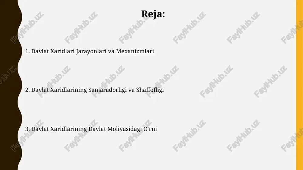 aridlari orqali byudjet mablag’larining 15-20% gacha tejalishi mumkin, bu esa boshqa muhim ijtimoiy dasturlarni moliyalashtirish imkonini beradi. davlat xaridlari bo'yicha elektron savdo platformalaridan foydalanish jarayonni tezlashtiradi va xarajatlarni 5-7% ga kamaytirishi mumkin. korrupsiyaga qarshi kurash va davlat xaridlari korrupsiyaga qarshi kurash doirasida, davlat xaridlari bo'yicha shikoyatlar soni 2021 yildagi 1500 tadan 2023 yilda 800 taga kamaydi, bu esa nazoratning kuchayganligini ko'rsatadi. davlat xaridlarida korrupsiyaning oldini olish maqsadida, 2022 yilda 30% ga yaqin tenderlar elektron tizim orqali o'tkazilib, shaffoflikni oshirishga harakat qilindi. davlat xaridlari siyosati va qonunchiligi 2023 yilda davlat xaridlari hajmi yalpi ichki mahsulotning taxminan 15 foizini tashkil etdi, bu esa byudjet mablag'larining samarali sarflanishiga katta ta'sir ko'rsatadi. davlat xaridlari to'g'risidagi qonunchilik, 200 dan ortiq me'yoriy-huquqiy hujjatlarni o'z ichiga olib, xarid jarayonining barcha bosqichlarini tartibga soladi va bu jarayonda shaffoflik va hisobot berishni ta'minlaydi. davlat xaridlarining iqtisodiy ta'siri samarali davlat xaridlari inflyatsiyani 2-3% gacha kamaytirishi va shu bilan milliy iqtisodiyot …
