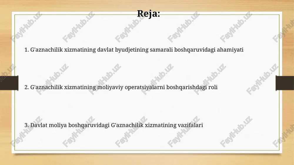 ddatli va valyutadagi qarz majburiyatlarini muvozanatlashda muhim rol o’ynaydi, bu esa fiskal xavflarni kamaytirishga yordam beradi. davlat qarzi bo'yicha xarajatlarni optimallashtirishda xazinachilikning ishtiroki, masalan, 2023 yilda 15% ga qisqartirish orqali byudjet taqchilligini kamaytirishga yordam beradi. xazinachilikning pul-kredit siyosatiga ta'siri xazinachilikning byudjetdan tashqari jamg'armalarga investitsiyalari milliy iqtisodiyotdagi inflyatsiya darajasiga 2-3% ta'sir ko'rsatishi mumkin. xazinachilikning davlat qimmatli qog'ozlari bozoridagi operatsiyalari orqali 3-6 oylik davrda pul massasini 10-15% ga boshqarish imkoniyati mavjud. xazinachilik xizmatining tashkiliy tuzilmasi va vakolatlari xazinachilik xizmatining vakolatlariga davlat byudjeti mablag'larini boshqarish, 500 dan ortiq davlat hisobvaraqlarini yuritish va davlat qarzlari bo'yicha operatsiyalarni amalga oshirish kiradi. xazinachilik xizmati, odatda, markaziy bank va moliya vazirligiga bo'ysunadigan, 3 ta asosiy departamenti (operatsiyalar, hisobot va xavfsizlik) bo'lgan markazlashtirilgan tuzilmaga ega. xazinachilikning ichki va tashqi audit nazorati xazinachilikning ichki va tashqi audit nazorati natijalari bo'yicha aniqlangan kamchiliklarni bartaraf etish uchun 6 oy muddat ichida tegishli chora-tadbirlar amalga oshiriladi. xazinachilikning ichki auditi, yillik moliyaviy hisobotlarning …