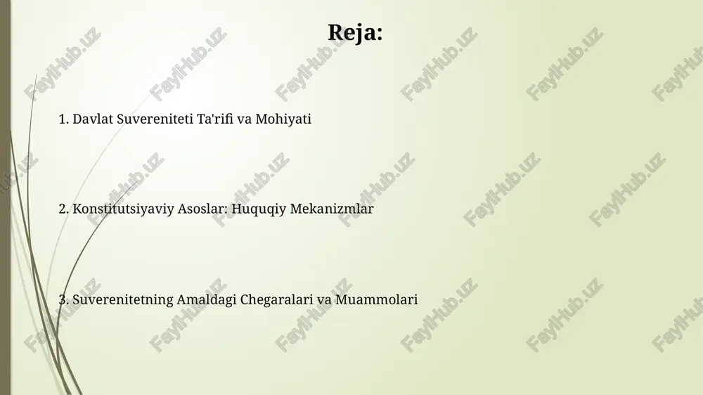 suvereniteti uchun yangi tahdidlarni keltirib chiqarmoqda. masalan, 2022 yilda 70%dan ortiq davlat siyosiy saytlarga kiberhujumlarga duch kelgan. suverenitetning chegaralanishi suverenitet chegaralanishining muhim jihatlaridan biri inson huquqlari va erkinliklarini himoya qilish bo'lib, bu konstitutsiya va xalqaro huquq normalari bilan kafolatlanadi, unda kamida 10 ta asosiy huquq va erkinliklar aniq belgilab qo'yilgan. konstitutsiyaviy chegaralanish davlat hokimiyatining tarmoqlarga bo'linishi orqali amalga oshiriladi, bu yerda qonun chiqaruvchi, ijro etuvchi va sud hokimiyatlari o'rtasida aniq vakolatlar taqsimlanadi va 3 ta mustaqil organ o'zaro nazorat qiladi. konstitutsiyaviy asosiy qoidalar konstitutsiyaning 1-moddasi o‘zbekiston respublikasini suveren, demokratik, huquqiy va ijtimoiy davlat sifatida belgilab, suverenitetning huquqiy asosini belgilaydi. konstitutsiyaviy asoslar davlatning suverenitetini 12-moddada mustahkamlab, uning hududiy yaxlitligi va daxlsizligini ta’minlashga qaratilgan. suverenitetning huquqiy atributlari suverenitetning muhim atributlaridan biri – davlatning o'z hududidagi barcha resurslarni boshqarish huquqi bo'lib, bu resurslarning taxminan 80%ini tabiiy boyliklar tashkil etadi. davlat suvereniteti 4 ta asosiy huquqiy atributga ega: hudud ustidan to'liq hokimiyat, o'z ichki …