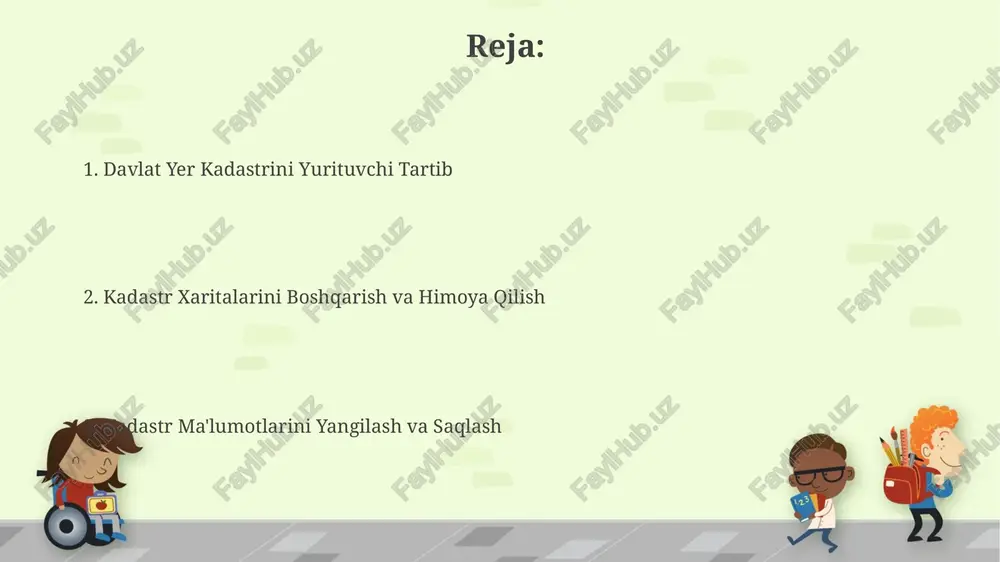 texnologiyalari va qonunchilik yangiliklari o'rganiladi. kadastr ma'lumotlarini to'plash va qayd etish kadastr ma'lumotlar bazasini muntazam ravishda yangilash uchun, yiliga kamida 2 marta tekshiruvlar o‘tkazilib, 5% dan ortiq o‘zgarishlar aniqlansa, qayta kadastr ishlari amalga oshiriladi. yer uchastkalari to‘g‘risidagi ma'lumotlarni qayd etishda, gps koordinatalari, maydon hajmi (kv.m), mulk shakli va yuridik hujjatlar raqamlari kabi majburiy parametrlar kiritiladi. kadastr ishlariga nazorat qilish yer uchastkalarining chegaralari aniqligi bo'yicha gps texnologiyalari va geodeziya ishlari yordamida o'tkaziladigan tekshiruvlar kamida har 3 yilda bir marta amalga oshiriladi va natijalar kadastr ma'lumotlar bazasiga kiritiladi. kadastr hujjatlarining saqlanishi va arxivlanishiga oid qoidalarga rioya etilishini nazorat qilish uchun kamida 2 marta yillik auditlar o'tkaziladi, bu esa xatoliklarni aniqlash va ularni bartaraf etish imkonini beradi. kadastr xaritalarini tuzish va yangilash kadastr xaritalarini raqamli formatda saqlash va gis texnologiyalaridan foydalanish ma'lumotlarni boshqarishni va yangilashni osonlashtiradi, bu esa 30% gacha vaqtni tejaydi. kadastr xaritalarini yaratishda geodezik asos sifatida 1:5000 va undan kattaroq masshtabli …