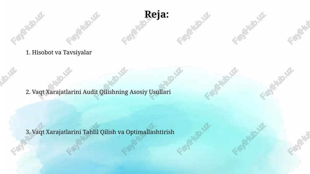 cha 25% ga kamaytirib, yillik 10 million so'm tejashga olib kelishi mumkin. vaqt xarajatlarini tekshirishning ahamiyati samaradorlikni oshirish uchun, vaqt xarajatlarini tahlil qilish orqali, ish jarayonlarida 20% gacha bo'lgan vaqtni tejaydigan kamchiliklar aniqlanadi va bartaraf etiladi. vaqt xarajatlarini tekshirish, loyihalarning 15% gacha vaqt ortiqcha sarflanishini oldini olib, byudjetni 10-20% tejashga yordam beradi. vaqtni hisobga olish usullari loyihalarni bajarishga ketadigan vaqtni aniqlash uchun gantt jadvallaridan foydalanish, har bir bosqich uchun aniq vaqt chegaralarini belgilash orqali, rejalashtirish va loyihani o'z vaqtida yakunlash ehtimolini 70% ga oshiradi. vaqt sarfini hisobga olishda 5-10 daqiqalik intervalli taymerlardan foydalanish, kunlik vazifalarni bajarishga ketadigan vaqtni aniqlash va ish samaradorligini 15-20% ga oshirish imkonini beradi. xarajatlarni toifalash va guruhlash xarajatlarni 3 ta asosiy toifaga: to'g'ridan-to'g'ri ishlab chiqarish, umumiy va ma'muriy xarajatlarga bo'lish mumkin, bu esa 70% aniqlik bilan vaqt sarfini baholashga imkon beradi. xodimlar vaqtini yozib borish usuli yordamida, kuniga o'rtacha 3 soatlik 4 ta turdagi vazifalar bo'yicha …