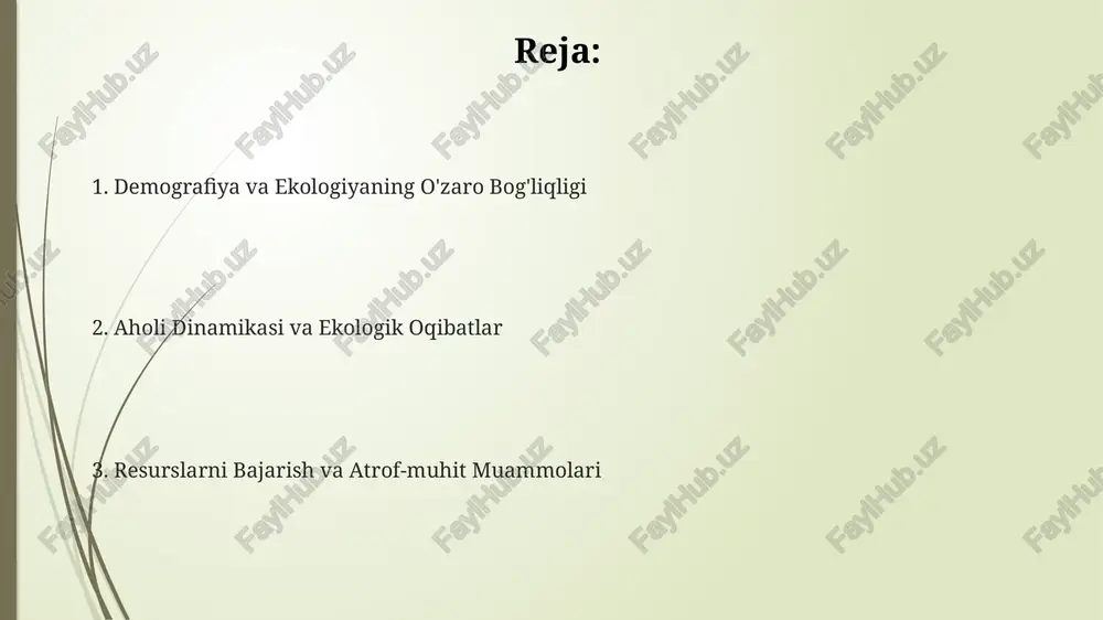 utanosiblikni kuchaytiradi. resurslarning barqaror boshqaruvi resurslarning barqaror boshqaruvi, energiya iste'molini 30% ga kamaytirish va qayta tiklanuvchi energiya manbalaridan foydalanishni 70% ga oshirish orqali iqlim o'zgarishining salbiy ta'sirini kamaytirishga yordam beradi. resurslarning barqaror boshqaruvi, 2050-yilga borib, 9 milliard kishini boqish uchun oziq-ovqat va suv kabi muhim resurslarning samarali taqsimlanishini ta'minlashni nazarda tutadi. bioxilma-xillikni saqlash va tabiiy resurslardan oqilona foydalanish orqali ekologik izimizni 50% ga kamaytirish, barqaror rivojlanishning asosiy maqsadi hisoblanadi. ekologik siyosat va demografik rejalashtirish 2050 yilga borib kuzatiladigan demografik o'zgarishlarni prognoz qilishda suv resurslariga bo'lgan talabning 30% ga oshishini hisobga olish zarur. ekologik siyosat aholining 15-24 yoshdagilar guruhining tabiiy resurslardan foydalanish darajasi va chiqindi hosil bo'lishiga ta'sirini hisobga olishi kerak. ekologik dasturlar samaradorligini baholashda aholining zichligi, ya'ni 1 km² ga 1000 kishidan ortiq aholi yashaydigan hududlardagi ijtimoiy-ekologik muammolarni aniqlash muhimdir. iqlim o'zgarishi va demografik xavflar ekstremallar ob-havo hodisalari, masalan, qurg'oqchilik va to'fonlar, oziq-ovqat inqirozi va kasalliklarning tarqalishiga olib keladi, bu …