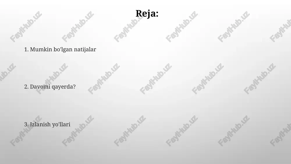 , ehtimollik taqsimotlarini modellashtirish va 1000 yoki undan ortiq tasodifiy namunalarni generatsiya qilish orqali katta hajmdagi ma'lumotlarni tahlil qilishda qo'llaniladi. ehtimolliklarni tahlil qilishda bayes teoremasi, shartli ehtimolliklarni hisoblashda muhim rol o'ynaydi va 0 dan 1 gacha bo'lgan qiymatlarni oladi, bu esa hodisalarning yuz berish ehtimolini aniqlash imkonini beradi. kelajakdagi tadqiqotlar kelajakdagi tadqiqotlar 5 yillik muddatga mo'ljallangan bo'lib, 100 dan ortiq ishtirokchini qamrab oladi va natijalarni kvantitativ va sifatli tahlil usullarini qo'llab o'rganishni o'z ichiga oladi. tadqiqotning keyingi bosqichi 25 ta yangi g'oyani sinab ko'rishni, har bir g'oyani kamida 15 ta eksperiment orqali baholab, statistik ahamiyatlilikni aniqlashni o'z ichiga oladi. e'tiboringiz uchun rahmat @taqdimot_robot image3.png image4.jpg image5.jpg image6.jpg image7.jpg image8.jpg image9.jpg image10.jpg image1.png