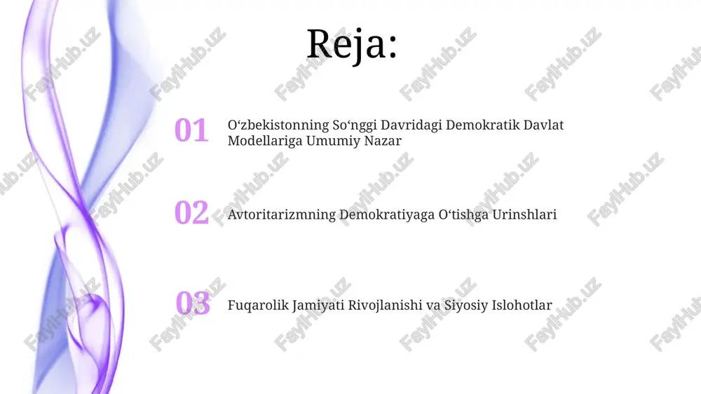 da 1992 yildan keyin o'zbekistonda prezidentlik boshqaruv tizimi mustahkamlandi, demokratik tamoyillarga asoslangan yangi konstitutsiya qabul qilindi. erkin matbuot va axborot erkinligi axborot erkinligi sohasida o‘zbekistonning dunyo reytinglaridagi o‘rni yillar davomida asta-sekin yaxshilanmoqda, ammo jurnalistlarga nisbatan bosim va senzura holatlari to‘liq yo‘q qilinmagan. 2000-yillardan boshlab o‘zbekistonda 30 dan ortiq yangi ommaviy axborot vositalari ro‘yxatdan o‘tkazilib, matbuot pluralizmini rivojlantirishga harakat qilingan, biroq cheklovlar hali ham mavjud. demokratik islohotlarning kelajagi va muammolar islohotlarning muvaffaqiyati, 2030 yilgacha boʻlgan rivojlanish strategiyasi doirasida, korrupsiyaga qarshi kurash va sud tizimining islohotlari samaradorligiga bogʻliq. oʻzbekistonning demokratik islohotlari 2017 yildan beri amalga oshirilayotgan boʻlib, huquqiy davlat va fuqarolik jamiyati tamoyillarini mustahkamlashga qaratilgan. dastlabki yillar va prezidentlik respublikasining shakillanishi dastlabki yillarda, 1991-yildan keyin, o'zbekistonning konstitutsiyaviy tuzilmasi, ko'p partiyali tizim va parlamentning roli bo'yicha 5 yildan ortiq munozaralar va o'zgarishlar kuzatildi. prezidentlik respublikasi modeli 1992-yilgi yangi konstitutsiya bilan mustahkamlandi, bu esa prezidentga keng vakolatlarni taqdim etdi va qonun chiqaruvchi hokimiyatning rolini …