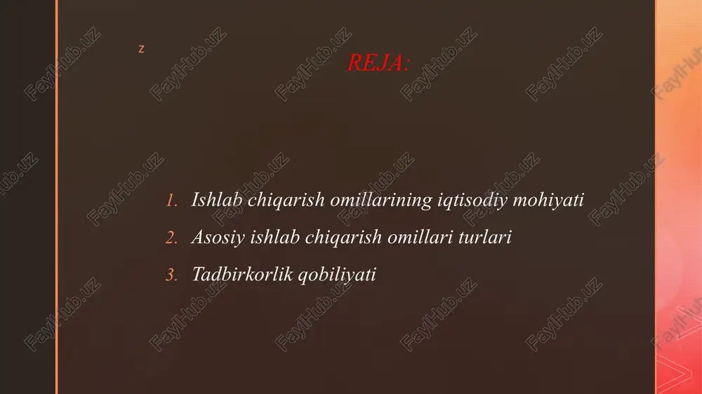 aladi. z tadbirkorlik qobiliyati bu – ishlab chiqarishning faol harakatlantiruvchi kuchi. tadbirkor: omillarni birlashtiradi; riskni o‘z zimmasiga oladi; innovatsiyalar joriy etadi; ishlab chiqarishni boshqaradi. tadbirkorlik – bu shunchaki foyda olish emas, balki jamiyat uchun yangi ish o‘rinlari, texnologiyalar va xizmatlar yaratish jarayonidir. z axborot va texnologiya omili xxi asrda ishlab chiqarishning yangi turi — raqamli iqtisodiyot shakllandi. unda axborot, ma’lumotlar bazasi, dasturiy ta’minot va sun’iy intellekt asosiy resursga aylandi. masalan, ishlab chiqarish jarayonini avtomatlashtirish, robototexnika va iot (internet of things) tizimlari mehnat unumdorligini keskin oshirmoqda. z ishlab chiqarish omillarining o‘zaro aloqasi va muvozanati bu omillar bir-birisiz mavjud bo‘la olmaydi. tabiiy resurslar mehnat va kapital yordamida qayta ishlanadi, tadbirkor esa bu jarayonlarni boshqaradi. muvozanatli boshqaruv bo‘lmasa, ishlab chiqarish samarasiz bo‘ladi. masalan, texnika mavjud, lekin malakali ishchi yo‘q bo‘lsa, kapitalning foydaliligi pasayadi. z ishlab chiqarish omillarining zamonaviy tendensiyalari bugungi iqtisodiyotda quyidagi o‘zgarishlar kuzatilmoqda: avtomatlashtirish va sun’iy intellekt mehnat omilini qisqartirmoqda, ammo malakali …