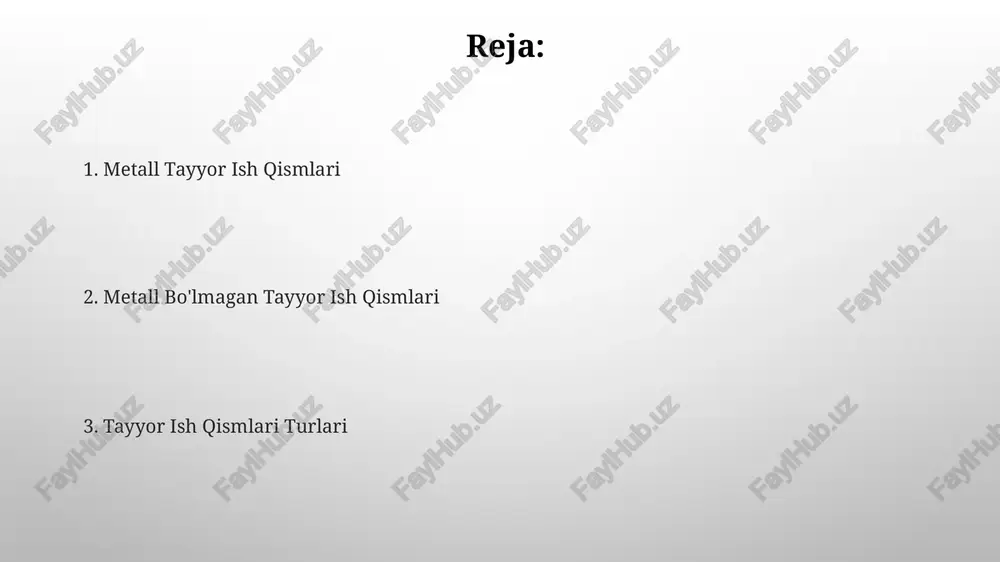 arning xom ashyolari turlari nostandart o'lchamdagi xom ashyolarni tayyorlashda, xaridorning texnik talablariga muvofiq, o'rtacha 5-10% qo'shimcha material hisobga olinadi, bu esa chiqindilarni kamaytirishga yordam beradi. tayyor buyumlarning xom ashyolari turli metallurgiya jarayonlari, masalan, quyma temir, po'lat va rangli metallar kabi 3 ta asosiy guruhga bo'linadi, ularning har biri turli xil mexanik xususiyatlarga ega. boshqa materiallar metallurgiya sanoatida “boshqa materiallar” sifatida 10 dan ortiq turdagi qotishmalar va ularning birikmalari, masalan, alyuminiy va magniy qotishmalari kabi engil materiallar ishlatiladi, ularning zichligi 2,7 g/sm³ atrofida. “boshqa materiallar” toifasiga turli xil qalinlikdagi (masalan, 5 mm dan 50 mm gacha) yog'och bloklari, plastik plitalar va 3d printerlar yordamida yaratilgan prototiplar ham kiradi, bu esa ishlab chiqarishning moslashuvchanligini oshiradi. metall buyumlar uchun xom ashyo alyuminiy qotishmalari, mis va uning qotishmalari kabi rangli metallar ham metall buyumlar ishlab chiqarishda muhim xom ashyo bo'lib, ularning 90% dan ortig'i elektrolitik usulda tozalanadi. metall buyumlarni tayyorlashda 10 mm dan 50 …