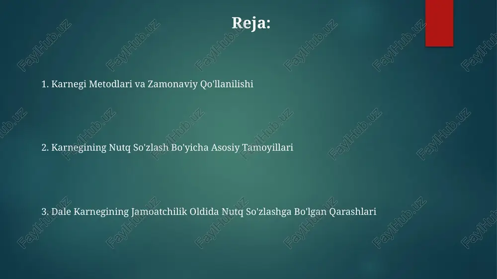 g "odamo'l" kitobida 12 qoidani taqdim etadi, ulardan 5 tasi o'z-o'zini boshqarish va salbiy fikrlar bilan kurashishga qaratilgan. deyl karnegining fikricha, muvaffaqiyatli ommaviy nutq 3 asosiy qismdan iborat: rejani tuzish, tinglovchilar bilan aloqa o'rnatish va aniq, tushunarli fikrlarni ifodalash. uning ta'kidlashicha, 80% muvaffaqiyatli muloqot tanlangan mavzuning chuqur tushunilishi va tinglovchilarning ehtiyojlarini hisobga olishga bog'liq. tanani va ovozni boshqarish sahnada harakatlanish, tananing 5 ta asosiy pozitsiyasini o'zgartirish, auditoriya bilan vizual aloqani yaxshilash va nutqning samaradorligini oshiradi. ovoz tembrini, balandligini va tezligini 2-3 marta o'zgartirish orqali, nutq monotonlikdan xalos bo'lib, emotsional jihatdan boyiydi, eshitish maromi yuksaladi. deyl karnegining ta'limotlariga ko'ra, ovozni 30% kuchliroq chiqarish va 15% tezroq gapirish, tinglovchilarning e'tiborini jalb qilishda muhim ahamiyatga ega. tinglovchilar bilan aloqa o'rnatish muvaffaqiyatli jamoaviy nutq uchun, karnegi 7-10 kishidan iborat kichik guruhlarga bo'lishni va ular bilan o'zaro aloqani mustahkamlashni tavsiya qiladi, bu esa natijani 2 barobar oshiradi. uning fikricha, tinglovchilarning 50% dan ortig'i nutqning birinchi …