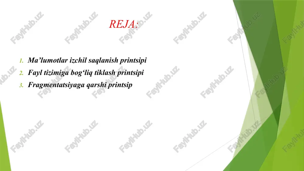 u usul fayl tizimi ma’lumotlari yo‘q bo‘lganda ham fayllarni tiklash imkonini beradi. ma’lumotlarni tiklash dasturlari fayl tizimi tuzilishi, fayllarning saqlanish printsiplari, o‘chirib yuborilgan fayllarni aniqlash, bo‘sh joyni qayta yozmaslik, fayl fragmentlarini birlashtirish va fayl turlarini aniqlash kabi asosiy printsiplarga tayangan holda ishlaydi. bo‘sh joydan tiklash printsipi o‘chirib yuborilgan fayllar tizim tomonidan “bo‘sh joy” deb belgilangan hududlarda saqlanadi. tiklash dasturi ushbu bo‘sh joylarni tekshiradi va ilgari saqlangan faylning qoldiqlarini aniqlaydi. shu yo‘l bilan dastur fayl tizimi ko‘rsatmasiz ham fayllarni tiklay oladi. fayl tizimi bilan integratsiyalashgan tiklash printsipi har bir fayl tizimi o‘zining maxsus strukturasiga ega (masalan, ntfs, fat32, ext4). dastur fayl tizimining tuzilishi va ishlash prinsiplari bilan uyg‘un ishlashi kerak, aks holda tiklash noto‘g‘ri yoki qisman amalga oshadi. fayllarni fragmentlardan tiklash printsipi katta fayllar diskda bo‘laklarga bo‘lingan holda saqlanishi mumkin. tiklash dasturi ushbu fragmentlarni topib, ularni to‘g‘ri tartibda birlashtiradi. bu printsip video, audio va katta hajmdagi hujjatlar tiklashda muhimdir. fayl imzosi …