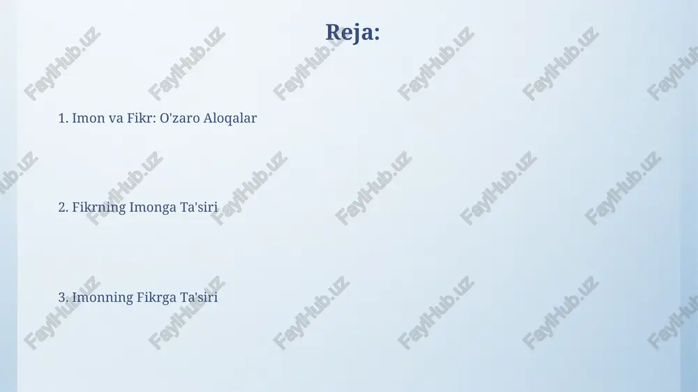 rishlarni keltirib chiqarish qobiliyatini ko'rsatadi. imon va aql o'rtasidagi munosabat imonning 3 ta asosiy darajasi bor: tasdiqlovchi, hissiy va amaliy. aqlning roli har bir darajada turlicha bo'lib, ba'zi hollarda imonga yordam beradi, ba'zilarida esa chegaralar qo'yadi. imon va aql o'rtasida 2 xil munosabat mavjud: birinchisi, aql imonga xizmat qiladi, ikkinchisi esa aql imonga qarshi chiqadi. bu munosabatlar insonning shaxsiy tajribasi va dunyoqarashiga bog'liq. imon va kelajak imon va kelajakka oid 20 dan ortiq ilmiy tadqiqotlar, insonlarning ma'naviy ehtiyojlarining 30% dan ortig'ini din va e'tiqod qondirishi haqida dalillar keltiradi. kelajakni bashorat qilishga oid 15 ta turli metodologiyalardan foydalanib, tahlil qilingan ma'lumotlarning 60% imon va ma'naviy qadriyatlarning muhim rol o'ynashini ko'rsatmoqda. imonning manbalari imonning manbalaridan biri – alloh taoloning 99ta go'zal ismlarini o'rganish va ularning ma'nolarini anglash orqali imonni mustahkamlashdir. bu, ilohiy sifatlarni bilish va ularga tafakkur qilish yo'li bilan amalga oshiriladi. imonni mustahkamlashda tafakkurning ahamiyati beqiyosdir. 3ta asosiy manba – qur'on, …
