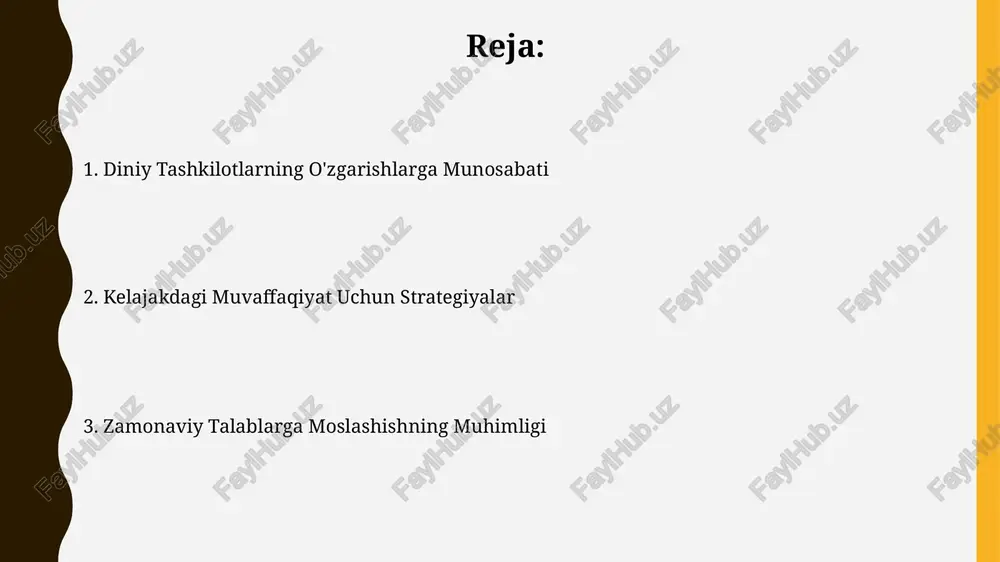 ram kabi) yoshlar orasida diniy ta'limotning etkazilishini 3 baravargacha tezlashtirishi mumkin. onlayn platformalar orqali diniy ta'limotlarni etkazish 20% gacha auditoriyani kengaytirishi va 50% gacha ta'sirchanligini oshirishi mumkin. zamonaviy talablarga moslashishning ahamiyati zamonaviy texnologiyalarni qo‘llash orqali, masalan, onlayn xizmatlar va ijtimoiy tarmoqlarni faol ishlatish orqali, diniy tashkilotlar 20% ga ko‘proq yoshlarni jalb qilishi mumkin. jinsiy tengsizlik, lgbtq+ huquqlari kabi muhim ijtimoiy masalalar bo‘yicha zamonaviy qarashlarni qabul qilish, diniy tashkilotlarning obro‘sini va a’zolarning faol ishtirokini 15% ga yaxshilaydi. diniy tashkilotlarning hozirgi holati ko'plab diniy tashkilotlarning a'zoligi 2010-yildan beri 15% ga kamayganini, bu esa ularning zamonaviy ijtimoiy talablarga moslashish zarurligini ko'rsatadi. o'rta osiyo mamlakatlaridagi diniy tashkilotlarning 30% dan kamrog'i gender tengligi tamoyillarini o'z faoliyatiga to'liq qo'llamaydi, bu esa ijtimoiy integratsiyani cheklaydi. ekologik masalalar va diniy tashkilotlar diniy ta'limotlarning 70% atrof-muhitni muhofaza qilishga oid qoidalarni o'z ichiga olgan yangi talqinlarini joriy etish, ekologik ongni oshirishga yordam beradi. ko'plab diniy tashkilotlar atrof-muhitni muhofaza qilish bo'yicha …