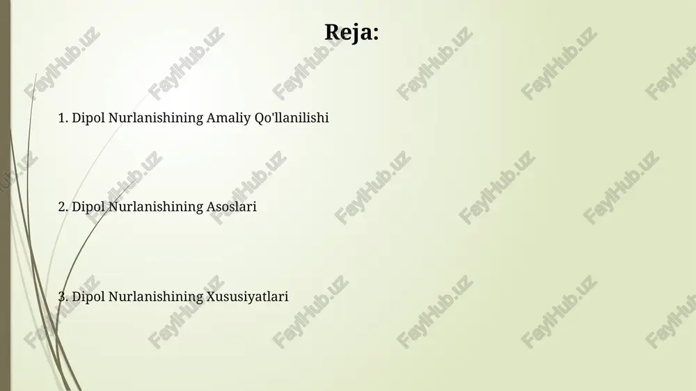 endikulyar yo'nalishda kuzatiladi, 0° va 180° burchaklarida esa noldan teng bo'ladi. dipol radiatsiyasining amaliy qo'llanilishi tibbiy tasvirlash texnologiyalarida, masalan, magnit-rezonans tomografiyada (mrt), 1,5 t dan 3 t gacha bo'lgan magnit maydonlarini hosil qilish uchun dipol antennalari ishlatiladi, bu aniq tasvirlarni olish imkonini beradi. radiolokatsiya tizimlarida, 10 ghz dan yuqori chastotalarda ishlaydigan dipol antennalar, ob'ektlarning masofasini va tezligini aniq o'lchash uchun ishlatiladi, bu esa navigatsiya va kuzatuv tizimlarida muhim ahamiyatga ega. dipol radiatsiyasining manbai dipol radiatsiyasining manbai sifatida, 10 -6 metr uzunlikdagi dipol antennalar 3x10 8 m/s tezlik bilan tarqaladigan elektromagnit to'lqinlarni hosil qiladi, ularning kuchlanishi masofaga teskari proportsional ravishda kamayadi. dipol radiatsiyasi manbai sifatida 2,4 ghz chastotali elektron magnit maydonlarini hosil qiluvchi antennalarni ko'rib chiqish mumkin, bu esa qurilmaning o'lchamlariga bog'liq bo'lgan nurlanish intensivligini ta'minlaydi. dipol radiatsiyasining cheklashlari dipole antennaning o'lchami uning ishlaydigan to'lqin uzunligiga bog'liq bo'lib, katta to'lqin uzunliklarida juda katta bo'lishi mumkin, bu amaliy qo'llanilishini cheklaydi. dipole radiatsiyasi …