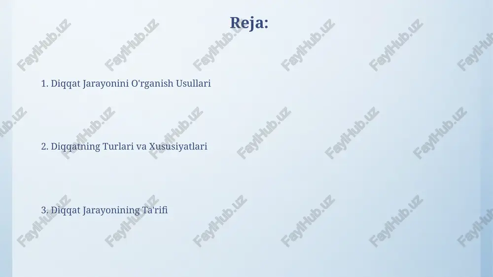di. diqqatni boshqarishning 3 asosiy turi mavjud: ixtiyoriy, ixtiyoriy bo'lmagan va o'z-o'zidan paydo bo'ladigan, ularning har biri miyaning turli sohalarini va kognitiv jarayonlarni jalb qiladi. diqqatning buzilishi diqqat buzilishi bilan og'rigan shaxslarning 30% gacha qismi qo'shimcha ravishda tashvish yoki depressiya kabi ruhiy kasalliklardan aziyat chekishadi, bu esa davolanishni yanada murakkablashtiradi. miyada dopamin va norepinefrin kabi neyrotransmitterlarning muvozanatsizligi diqqatning buzilishiga olib kelishi mumkin, bu esa kognitiv funktsiyalar va ish faoliyatiga salbiy ta'sir ko'rsatadi; boshqa 20% sabablar genetik omillar bilan bog'liq. diqqat va o'qish o'qish vaqtida 5-10 daqiqadan keyin diqqatning susayishi kuzatiladi, shuning uchun qisqa tanaffuslar bilan o'qish tavsiya etiladi, bu esa konsentrasiyani oshiradi. diqqatning tarqalishi o'qish samaradorligini 30% gacha pasaytirishi mumkin, chunki miya bir vaqtning o'zida bir nechta vazifani bajarishga moslashmagan. ixtiyoriy diqqat ixtiyoriy diqqat, ongning faol va maqsadli jarayonidir, bunda 2-3 sekunddan 15 minutgacha bo'lgan vaqt oralig'ida ma'lum bir obyekt yoki hodisaga e'tibor qaratiladi, bu esa boshqa bevosita tirgovichlarning ta'sirini …
