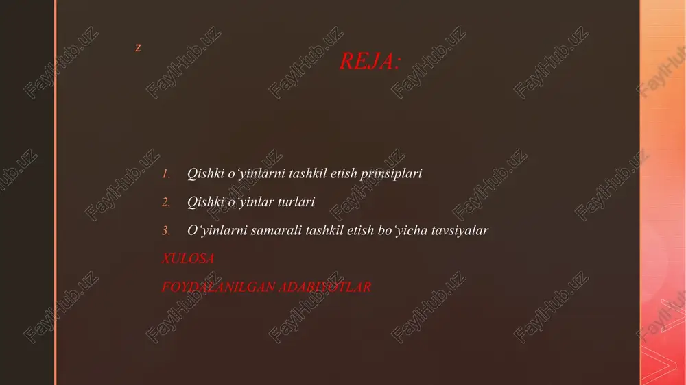 iatdagi ranglardan foydalanish) z o‘yinlarni tashkil etishda pedagogik tavsiyalar bolalarga o‘yinning maqsadini tushuntirish. har bir bolaning ishtirokini rag‘batlantirish. bolalarga xavfsizlik qoidalarini eslatib turish. o‘yindan so‘ng tabiiy materiallarni tozalash va atrof-muhitni asrashni o‘rgatish. o‘yinlarni mavzuga mos va fasl sharoitiga moslashtirish. z qishki o‘yinlar bolalarning sog‘lom rivojlanishi va tabiat bilan yaqindan tanishishi uchun muhim vositadir. qishda tashqarida o‘ynash orqali bolalar quyidagilarni rivojlantiradi: jismoniy salomatlik: sovuq havoda harakat qilish mushaklar, yurak-qon tomir tizimi va immunitetni mustahkamlaydi. tabiat bilan munosabat: qor, muz, shamol va boshqa tabiiy hodisalarni o‘rganish. ijodiy fikrlash: tabiatdan foydalanib, o‘z ijodini namoyon qilish. psixologik rivojlanish: qishki o‘yinlar bolalarning qat’iylik, sabr-toqat va guruhda ishlash ko‘nikmalarini shakllantiradi. z qishki o‘yinlarni tanlash va tashkil etish mezonlari yoshga moslik: o‘yinlar bolalarning yoshiga va jismoniy qobiliyatiga mos bo‘lishi kerak. xavfsizlik: qor va muzda sirpanish, to‘qnashish kabi xavflardan himoya choralarini ko‘rish. qiziqarlik: o‘yin bolalarni jalb qilishi va ularda faol ishtirokni rag‘batlantirishi zarur. tabiat bilan bog‘lanish: o‘yinlar bolalarni …