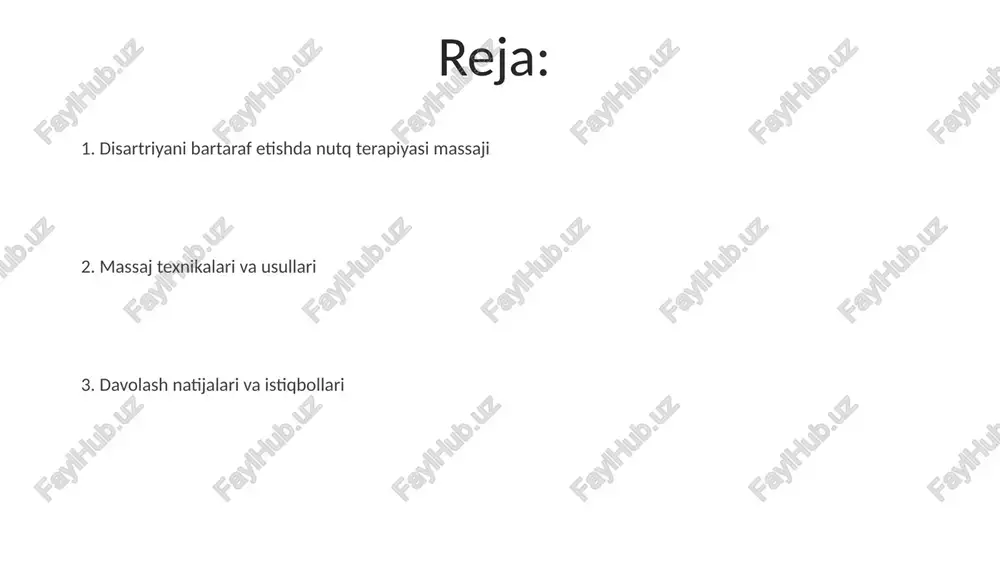 n logoped bilan birgalikda, individual dasturni tuzib, 4-6 hafta davomida muntazam bajarish muhim ahamiyatga ega. disartriya turlari har bir disartriya turi, masalan, artikulyatsiya aniqligi, ovoz balandligi va intonatsiyasi bo'yicha 1-5 ballli shkalada baholanadi va bu baho davolash uslubini tanlashda muhim rol o'ynaydi. disartriyaning 6 ta asosiy turi mavjud bo'lib, ular artikulyatsiya, fonatsiya, resonans va prozodiya kabi nutq mexanizmlarining turli darajadagi buzilishlarini o'z ichiga oladi. jag'ga massaj jag'ga massaj og'iz bo'shlig'i mushaklarining 70% gacha faolligini yaxshilashga yordam beradi, bu disartriya alomatlarini kamaytirishga olib keladi, shu jumladan artikulyatsiya aniqligi va nutq tezligini oshiradi. tadqiqotlar shuni ko'rsatdiki, jag'ga massaj, og'iz mushaklarining tonusini normallashtirish orqali, disartriyaning og'irlik darajasini 2-3 ballga kamaytirishi mumkin (7 ball shkalasi bo'yicha). tomoqqa massaj tomoq massaji, orofacial mushaklarning tonusini yaxshilashga yordam beradi, bu esa disartriya bilan og'rigan bemorlarda taxminan 20% ga nutqning tushunarliligini oshirishga olib kelishi mumkin. massajning 5-10 daqiqalik muntazam sessiyalari, yutqizish qiyinchiliklarini bartaraf etishda, glottal chalinishni yaxshilashda va …