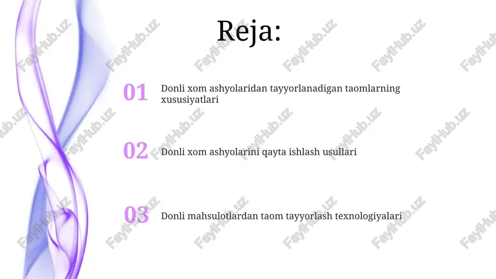 nan 5-7 soat davomida past haroratda (70-90°c) bug'da pishirish, donli mahsulotlarning yumshoq va shirali bo'lishini ta'minlaydi, vitaminlarning saqlanishini oshiradi. qadimiy usul bo'yicha, donli mahsulotlarni 150-180°c haroratdagi yog'da 10-15 daqiqa qovurish, taomga o'ziga xos rang va mazani beradi. donni maydalash va un olish usullari donni maydalash jarayonida 15-20% gacha namlik miqdori optimal hisoblanadi. yuqori namlik donni yopishqoq qilib, maydalashni qiyinlashtiradi, past namlik esa unning sifatiga ta’sir qiladi. donni maydalashda 2-3 mm gacha boʻlgan zarrachalar olish uchun, maxsus tegirmonlardan, masalan, bolgʻali yoki diskli tegirmonlardan foydalanish samarali hisoblanadi. buning natijasida unning sifati va pishirish vaqti yaxshilanadi. donni tozalash va saralashdan keyin, un olish uchun, u 2 bosqichda maydalanadi: birinchi bosqichda qoʻpol, ikkinchi bosqichda esa nozik maydalash amalga oshiriladi, bu esa un sifatini oshiradi. donli xom ashyolarini tayyorlash usullari donli xom ashyolarning bir qismini 10-15% tuzli eritmada 1 soat davomida namlash, so'ngra qovurish yoki qaynatish orqali tayyorlash taomga noyob ta'm va tuzilish beradi. donli …
