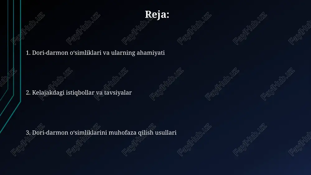qo'llaniladi, shuning uchun ularning genetik xilma-xilligini saqlash juda muhim. o'simliklarning 80%i an'anaviy tibbiyotda ishlatilib, milliardlab odamlarning sog'lig'ini ta'minlaydi, ularning yo'qolishi esa farmasevtika sanoati va global sog'liqni saqlashga salbiy ta'sir qiladi. o'simliklarning shifobaxsh xususiyatlari o'simliklar tarkibidagi alkaloidlar, glikozidlar va efir moylari kabi faol birikmalar organizmga murakkab ta'sir ko'rsatib, turli fiziologik jarayonlarni tartibga soladi. o'simliklarning 300 dan ortiq turi turli xil kasalliklarni davolashda ishlatiladi, ularning 50 dan ortig'i farmakologik preparatlar ishlab chiqarishda qo'llaniladi. davlat himoyasi va qonunlar dorivor o'simliklarni noqonuniy yig'ib olish va savdosi uchun jinoyat kodeksining 272-moddasiga asosan javobgarlik belgilangan bo'lib, jarima yoki 5 yilgacha ozodlikdan mahrum qilish jazosi kuzatiladi. o'zbekistonning 100 dan ortiq dorivor o'simligi turlari "o'simliklar dunyosini muhofaza qilish to'g'risida"gi qonun bilan himoyalangan bo'lib, ularning yo'qolib ketishining oldini olish choralari belgilangan. o'simliklarning yo'qolib ketish xavfi global miqyosda dorivor oʻsimliklarning 70% dan koʻprogʻi yovvoyi holda oʻsadi va ularning haddan tashqari yigʻib olinishi ularning populyatsiyasini keskin kamaytiradi. tabiiy muhitning buzilishi, oʻrmonlarning …