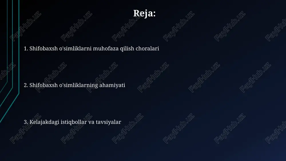 ortiq dorivor o'simlik namunalarini saqlab qolish va ularni tiklash mumkin. dorivor o'simliklarni yetishtirish va saqlash o'simlikning genetik resurslarini saqlash uchun in vitro (in vitro) ko'paytirish usulidan foydalanish, kamdan-kam uchraydigan turlarni yo'qolishdan saqlaydi. do'rivor o'simliklarga 100% organik o'g'itlarni qo'llash unumdorlikni 20-30% ga oshiradi va biologik xilma-xillikni saqlashga yordam beradi. do'rivor o'simliklarni etishtirishda pestitsidlardan oqilona foydalanish, qoldiqlar miqdorini 0,1 mg/kg dan oshmasligini ta'minlaydi va xavfsizlikni kafolatlaydi. kelajakdagi istiqbollar va tadqiqotlar dori-darmon o'simliklarining genetik resurslarini saqlash va ularni kelgusida 50 yil davomida qo'llanilishi uchun zamonaviy biotexnologiyalarni qo'llash bo'yicha keng qamrovli dasturlarni ishlab chiqish zarur. o'simliklarning himoyasi va barqaror foydalanishini ta'minlash uchun, kamida 3 ta mintaqada turli xil o'simlik turlarini o'rganish va ularning yashash joylarini himoya qilish bo'yicha xalqaro hamkorlik loyihalarini amalga oshirish muhimdir. kelajakdagi tadqiqotlar bioaktiv birikmalarni aniqlash va ularning samaradorligini in vitro va in vivo usullar yordamida 10 dan ortiq o'simlik turlarida sinashga qaratilishi kerak. dorivor o'simliklarning xilma-xilligi jahon sogʻliqni saqlash tashkiloti …