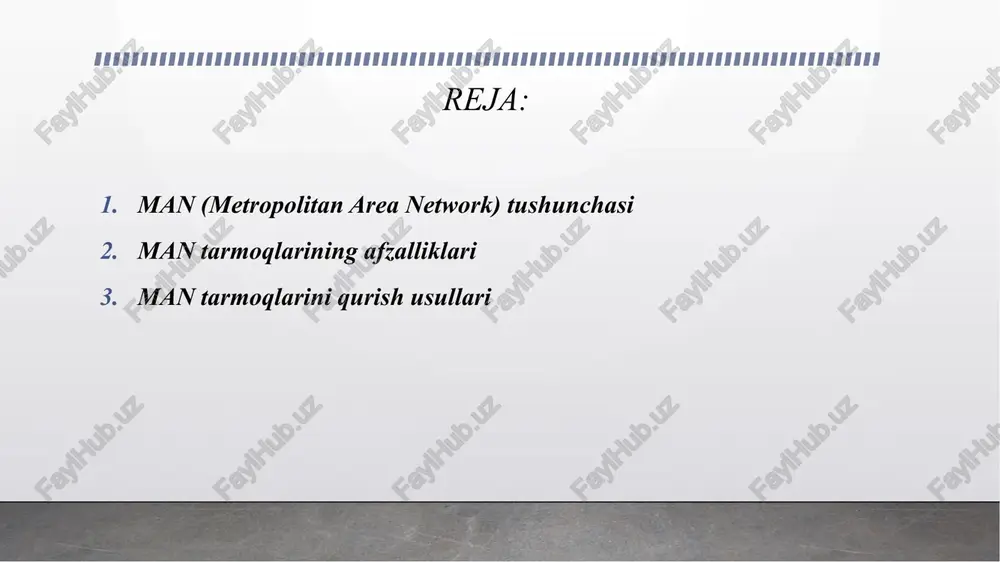 l usullarni birlashtirish.masofaga, byudjetga va mavjud infrastrukturaga qarab ishlatiladi. man tarmog‘ining topologiyalari ring (halqa) – ma’lumot bir yo‘nalishda aylantiriladi; uzilish bo‘lsa, rezerv yo‘l orqali uzatish mumkin. star (yulduz) – markaziy qurilma orqali barcha tugunlar bog‘lanadi; boshqarish oson. mesh (tarmoq) – barcha tugunlar bir-biriga ulanishi; ishonchlilik yuqori. bus (shina) – kamroq tugunlar va qisqa masofalar uchun; bugungi kunda kam ishlatiladi. manning asosiy vazifalari tarmoqlarni birlashtirish – shahar ichidagi ofislar va tashkilotlarni yagona tarmoqqa ulash. resurslarni markazlashtirish – serverlar, printerlar va ma’lumot bazalarini yagona joyda boshqarish. tezkor ma’lumot almashinuvi – yuqori tezlikdagi internet va intranet xizmatlarini ta’minlash. ishonchlilikni oshirish – tarmoq uzilishlarida zaxira yo‘llar orqali ma’lumot uzatish. man tarmoqlarini qurish usullari fiber-optik kabellar afzalliklari: tezligi yuqori (1–100 gbps), masofaga chidamli, elektromagnit shovqinga ta’siri kam. kamchiliklari: o‘rnatish qimmatroq, maxsus uskunalar talab qiladi. qo‘llanishi: universitetlar, yirik kompaniyalar, davlat tarmoqlari. copper (mis) kabellar twisted pair (utp/stp): qisqa masofali tarmoqlar uchun, o‘rnatish oson va arzon. coaxial: …