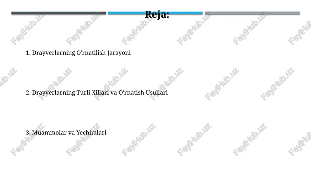 g (masalan, windows 10, 11) bitligini (32-bit yoki 64-bit) tekshirish muhimdir. eski drayverlarni yangilash tizim barqarorligini yaxshilaydi, xatoliklar sonini 20% ga kamaytiradi va yangi qurilmalar bilan moslashuvchanlikni ta'minlaydi. eski drayverlarni o'chirish eski drayverlarni qo'lda o'chirish uchun qurilmalar menejerini oching, keraksiz qurilma drayverini toping, o'ng tugmasini bosing va "o'chirish" ni tanlang. ba'zi hollarda, 32 bit va 64 bit versiyalarini alohida o'chirish kerak bo'lishi mumkin. drayverlarni tozalash vositalaridan, masalan, ccleaner yoki driver booster kabi dasturlardan foydalanib, 100 dan ortiq eski va keraksiz drayverlarni avtomatik ravishda aniqlash va o'chirish mumkin. bu tizimni tezlashtiradi. drayverlarning turlari drayverlarning ikki asosiy turi mavjud: qurilma drayverlari (masalan, printer, skaner uchun) va tizim drayverlari (masalan, tarmoq kartasi, bios uchun). ularning har biri o'ziga xos funksiyalarni bajaradi va turli xil fayl turlaridan iborat bo'lishi mumkin. ba'zi drayverlar, masalan, grafik kartalar drayverlari, juda katta hajmdagi fayllar (100 mb dan ortiq) bo'lishi mumkin, boshqalari esa ancha kichik (1-5 mb). bu ularning …