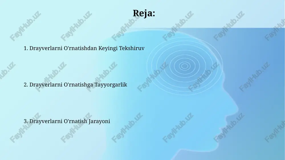 abi noxush hodisalar bo'lmasligiga ishonch hosil qiling. avtomatik drayverlarni yangilash vositalari avtomatik drayver yangilash vositalari eski yoki noto'g'ri drayverlarni aniqlab, 3000 dan ortiq qurilma uchun 100 000 dan ziyod drayverlar bazasidan yangi versiyalarni o'rnatadi. ba'zi vositalar tizimning barqarorligini ta'minlash uchun yangilanishdan oldin va keyin zaxira nusxasini yaratadi va jarayonni avtomatik ravishda 5-10 daqiqada yakunlaydi. muammoli drayverlarni aniqlash va bartaraf etish "bluescreen" xatoliklari yoki 0x0000007b kabi xato kodlari ko'pincha noto'g'ri o'rnatilgan yoki eskirgan drayverlar bilan bog'liq bo'lib, bu holatda tizimni tiklash nuqtasidan foydalaning yoki tizimni qayta o'rnating. muammoli drayverlarni aniqlashda qurilma menejeridan (device manager) foydalaning, u yerda sariq ünlem belgisi bilan belgilangan 3 dan ortiq qurilmalarni tekshiring va tegishli drayverlarni yangilang yoki qayta o'rnating. drayverlarni ishlab chiqaruvchining veb-saytidan yuklab olish ba'zi ishlab chiqaruvchilarning veb-saytlarida avtomatik drayver aniqlash vositalari mavjud bo'lib, ular sizning kompyuteringizning apparat tarkibini aniqlaydi va mos keladigan drayverlarni taklif qiladi, bu jarayonni soddalashtiradi. drayverlarni ishlab chiqaruvchining veb-saytidan yuklab olishda, …