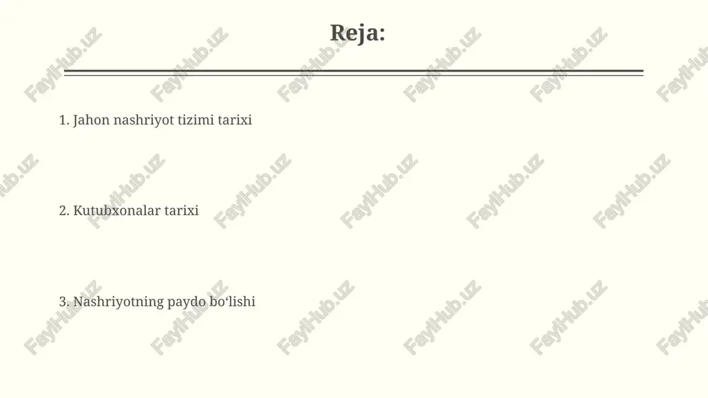 ham tarqaldi, shuningdek, taxminan 50 millionga yaqin nusxada kitoblar chop etilgan. nashriyotning rivojlanishiga qoʻlyozmalar davridan bosma nashrlar davriga o'tish, ya'ni qoʻlyozma kitoblarning kam sonli va qimmatliligidan ko'plab odamlarga arzon va qulay boʻlgan kitoblarga o'tish katta ta'sir ko'rsatdi. zamonaviy nashriyotning rivojlanishi raqamli marketing va ijtimoiy tarmoqlar zamonaviy nashriyotning muhim tarkibiy qismiga aylandi, kitoblarni targ'ib qilish va sotishda 80% dan ortiq foizni tashkil etadi. zamonaviy nashriyotda elektron kitoblarning ulushi 2000-yillarning boshlaridan beri keskin oshdi, 2023-yilga kelib global bozorning 20% dan ortig'ini egalladi va bu ko'rsatkich yildan-yilga o'sib bormoqda. qadimgi davrlar nashriyoti qadimgi yunonistonda kitoblarning qo'lyozma nusxalari ko'payishi va kitobxonalarning paydo bo'lishi, miloddan avvalgi 4-asrda, milliy madaniyatning rivojiga sezilarli hissa qo'shdi. qadimgi misrda, taxminan 3000 yil avval, papirusdan tayyorlangan 1000 dan ortiq qo'lyozma nusxalar topilgan bo'lib, bu davr nashriyotining boshlang'ich shakllaridan dalolat beradi. e'tiboringiz uchun rahmat @taqdimot_robot image2.jpg image3.jpg image4.jpg image5.jpg image6.jpg image7.jpg image8.jpg