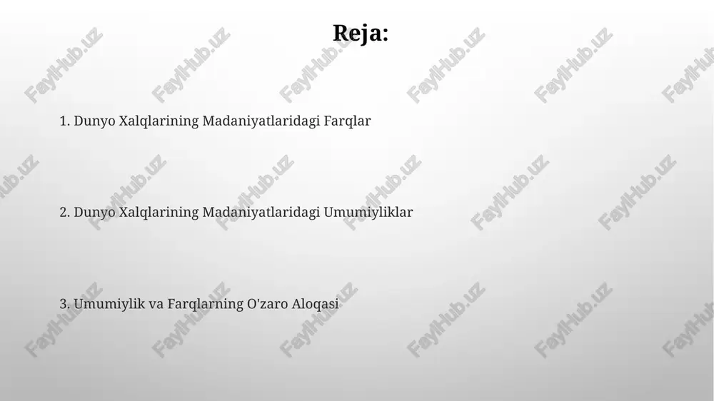 sqichli dasturlarni o'z ichiga oladi. ta'lim va tarbiyaning asosiy maqsadi, yosh avlodni 5 ta muhim fazilat: bilimlilik, mehnatsevarlik, vatanparvarlik, adolatlilik va insonparvarlikka ega boʻlishga tarbiyalashdan iborat. san’at va madaniy ifodalar oʻzbek xalq amaliy san’ati, taxminan 1000 yillik tarixga ega boʻlib, kulolchilik, zargarlik va toʻqimachilik kabi 20 dan ortiq turdagi hunarmandchilikni oʻz ichiga oladi. oʻzbek adabiyoti 1000 dan ortiq yozuvchilar va shoirlarning asarlarini oʻz ichiga oladi, ularning asarlari turli janrlarga, jumladan, she’riyat, hikoya va romanlarga mansub boʻlib, milliy qadriyatlarni aks ettiradi. oila va jamiyat tuzulimi oila a'zolari o'rtasidagi o'zaro munosabatlarda, hurmat va itoatlilik kabi an'anaviy qadriyatlar, zamonaviy hayotning ta'siri ostida bo'lsa-da, 50% hollarda asosiy rol o'ynaydi. shaharlarda yoshlar orasida individualizm va mustaqil hayot tarzining o'sishi 30% ga yetgan bo'lsa-da, an'anaviy qadriyatlar oilaning mustahkamligi uchun muhim ahamiyatga ega bo'lib qolmoqda. e'tiboringiz uchun rahmat @taqdimot_robot image3.png image4.jpg image5.jpg image6.jpg image7.jpg image8.jpg image9.jpg image10.jpg image1.png