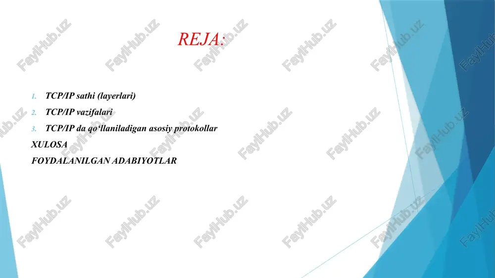 icmp xatoliklarni va tarmoq holatini tekshirish (ping kabi). network access ethernet / wi-fi / arp fizik tarmoq orqali ma’lumotlarni uzatish, manzilni aniqlash. tcp/ip modeli – bu tarmoqdagi ma’lumotlarni uzatish va qabul qilish uchun ishlatiladigan standart protokollar to‘plami bo‘lib, u internetning asosini tashkil etadi. tcp/ip modeli 4 sathdan iborat bo‘lib, har bir sath ma’lum vazifalarni bajaradi. ilova sathi foydalanuvchi dasturlari bilan tarmoq xizmatlari o‘rtasida ko‘prik vazifasini bajaradi. bu sath orqali foydalanuvchi brauzerlar, elektron pochta dasturlari, fayl uzatish dasturlari tarmoq bilan bog‘lanadi. ushbu sathda http, https, ftp, smtp kabi protokollar ishlatiladi. ilova sathi tarmoq resurslarini foydalanuvchiga qulay tarzda taqdim etadi va ma’lumot almashishni boshqaradi. transport sathi ma’lumotlarni tugunlar o‘rtasida ishonchli uzatish uchun mas’uldir. bu sath tcp va udp protokollarini ishlatadi. tcp protokoli paketlar ketma-ketligini nazorat qiladi, yo‘qolgan paketlarni qayta yuboradi va xatoliklarni tekshiradi. udp esa tezkor uzatish uchun ishlatiladi, lekin ishonchliligi kafolatlanmagan, shuning uchun video translyatsiya yoki onlayn o‘yinlarda qo‘llanadi. transport sathi …
