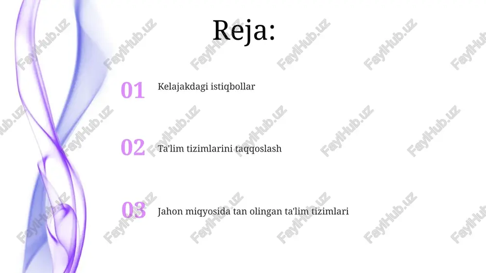 orilatadi va samaradorlikni 30% ga oshiradi. xxi asrda global ta'lim tizimlarida 70% dan ortiq o'quv dasturlari onlayn resurslar va sun'iy intellekt texnologiyalaridan foydalanishni o'z ichiga oladi, bu esa ta'lim sifatini va kirish imkoniyatlarini sezilarli darajada oshiradi. ta'limning globallashuvi va xalqaro hamkorlik jahon ta'lim tizimlarining integratsiyasi natijasida 200 dan ortiq xalqaro ta'lim dasturlari va 5000 dan ziyod qo'shma loyihalar amalga oshirilmoqda. xalqaro hamkorlik tufayli kamida 15 ta mamlakatda onlayn ta'lim platformalari yaratildi, bu esa 1 million dan ortiq o'quvchiga ta'lim olish imkoniyatini berdi. e'tiboringiz uchun rahmat @taqdimot_robot image4.jpg image5.jpg image6.jpg image7.jpg image8.jpg image9.jpg image1.jpeg image2.jpeg image3.jpeg