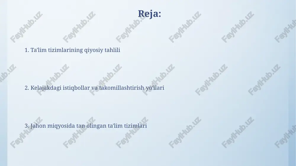 tlarda, masalan, pisa yoki timssda 500 balldan yuqori o'rtacha ko'rsatkichlari muhim mezon hisoblanadi. ta'lim tizimlarining qiyosiy tahlili ta'lim tizimlarining samaradorligini baholashda 15 yoshdagi o'quvchilarning savodxonlik va raqamli savodxonlik ko'rsatkichlari muhim rol o'ynaydi, bu ko'rsatkichlar xalqaro miqyosda farqlanadi. oecd ma'lumotlariga ko'ra, matematika va tabiiy fanlar bo'yicha xalqaro baholashda yuqori ko'rsatkichlar ko'pincha yuqori darajada moliyaviy mablag' ajratilgan ta'lim tizimlarida kuzatiladi. innovatsiyalar va texnologiyalar ta'limda ta'limda sun'iy intellekt texnologiyalarining qo'llanilishi o'quv jarayonini 30% ga samaradorlashtirib, individual yondashuvni ta'minlaydi va shaxsiylashtirilgan o'quv dasturlarini yaratish imkonini beradi. onlayn o'quv platformalarining soni so'nggi 5 yilda 2 baravar oshdi, bu esa 1 millionlab talabalarga masofadan turib ta'lim olish imkoniyatini berdi va geografik cheklovlarni bartaraf etdi. jahon miqyosidagi ta'lim tizimlari oecd ma'lumotlariga ko'ra, rivojlangan mamlakatlardagi ta'lim tizimlari o'rtacha 12 yillik majburiy ta'limni ta'minlaydi, shu bilan birga yuqori ta'limga kirish imkoniyatlarini oshirishga harakat qiladi. jahon miqyosidagi ta'lim tizimlarining 30% dan ortig'i, xalqaro standartlarga moslashgan o'quv dasturlari va baholash tizimlarini …