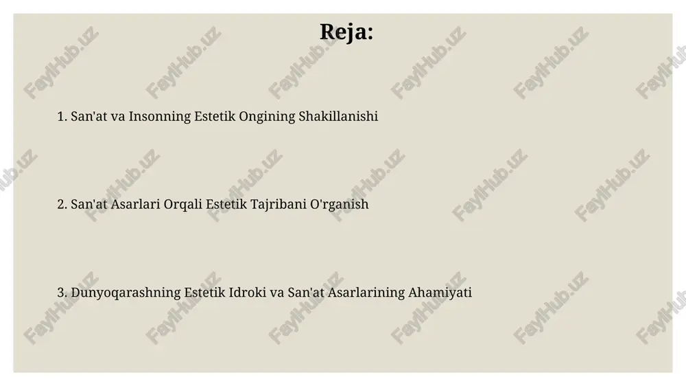 asarlarning ahamiyati badiiy asarlar insonning estetik idrokini boyitadi, 30 dan ortiq turdagi san’at turlari orqali dunyoga yangicha qarashni shakllantiradi va ijtimoiy-madaniy qadriyatlarni o’zida mujassamlashtiradi. tarixiy davrlar davomida 1000 dan ortiq buyuk badiiy asarlar insoniyatning estetik tafakkurini rivojlantirishda muhim rol o’ynagan va hozirgi zamon san’atining asosini tashkil qilgan. madaniy merosimizdagi badiiy asarlar o'zbekiston hududida topilgan arxeologik topilmalar orasida 3000 dan ortiq badiiy ahamiyatga ega bo'lgan kulolchilik buyumlari, haykaltaroshlik namunalari va naqqoshlik asarlari mavjud bo'lib, ular qadimgi davr estetikasini ochib beradi. amir temur davri miniatyuralari, o'zining murakkab kompozitsiyasi va 50 dan ortiq ranglardan foydalanilishi bilan ajralib turadi, bu esa davrning yuksak badiiy madaniyatini ko'rsatadi. zamonaviy san'at va uning o'rni zamonaviy san'at, 20-asr boshlaridan boshlab, an'anaviy estetik qarashlarga qarshi chiqib, yangi ifoda vositalari va 3d o'rnatmalar, performance art kabi janrlarni yaratdi. postmodernizm davrida, taxminan 1970-yillardan boshlab, zamonaviy san'at mass-kultura va ommabop madaniyat elementlarini o'z ichiga olib, ijtimoiy va siyosiy muammolarni ko'tardi. san'at va …