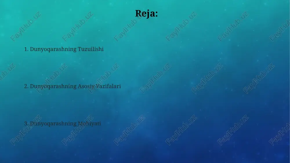 g ratsional, empirik manbalari ham mavjud. dunyoqarashning turlari va ularning xususiyatlari transandantal dunyoqarash (masalan, diniy) va immanent dunyoqarash (masalan, pozitivizm) o'rtasidagi farq insonning borliqqa va uning ma'nosiga bo'lgan munosabatida namoyon bo'ladi. dunyoqarash turlari 2 ta asosiy guruhga: materialist va idealist bo'linadi, ularning 3 ta asosiy farqi mavjud: ontologiya, epistemologiya va aksiologiya. postmodern dunyoqarash, 1960-yillardan keyin paydo bo'lib, bir nechta meta-hikmatlarning birgalikda mavjudligi va ularning nisbiyligini ta'kidlaydi. dunyoqarashning funksiyalari: xulq-atvorni boshqarish dunyoqarash 3 ta asosiy funksiyani – maqsadlarni aniqlash, harakatlarni rejalashtirish va xulq-atvorni baholashni – birlashtirib, insonning 5 ta asosiy ehtiyojidan 3 tasini qondiradi. individual darajasida dunyoqarash, kamida 2 ta ijtimoiy normalarga moslashish va 10 ta kundalik vaziyatni samarali boshqarish uchun xulq-atvor strategiyalarini belgilaydi. dunyoqarash insonning axloqiy qarashlarini, 7 ta asosiy qiymatini va shu asosda shakllangan ijtimoiy munosabatlarini boshqarish mexanizmini ta'minlaydi. dunyoqarashning asosiy tarkibiy qismlari dunyoqarash 3 ta asosiy qismdan: ontologik (borliq haqida), epistemologik (bilim haqida) va aksiologik (qadriyatlar haqida) qarashlardan …