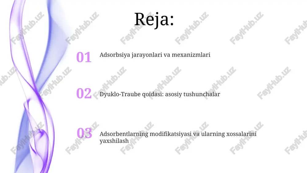 da monomolekulyar qatlam hosil qiladi. sirt faol moddalar (sfm) ning konsentratsiyasi 10⁻³ dan 10⁻¹ mol/l gacha bo'lgan diapazonda adsorbsiya miqdorini sezilarli darajada oshirishi mumkin, bu dyuklo-traube qoidasiga mos keladi. adsorbsiyaning modifikatsiyasi usullari ion almashinuvi qobiliyatiga ega bo'lgan adsorbentlarni 0,1-1 mmol/g konsentratsiyada ionlar bilan modifikatsiya qilish natijasida adsorbsiya jarayonining kinetikasi tezlashadi. o'zgartirilgan silika geli singari 3-5% miqdorida organik funktsional guruhlarni qo'shish orqali adsorbentning selektivligini ma'lum molekulalarga nisbatan oshirish mumkin. kelajakdagi tadqiqotlar yo'nalishlari yuqori samarali suyuqlik xromatografiyasi (yuqx) yordamida 50 nm dan kam zarrachalar o'lchamidagi modifikatsiyalangan adsorbentlarni sinash orqali selektivlikni oshirish mumkinligi o'rganilishi kerak. kelajakdagi tadqiqotlar dyuklo-traube qoidasining 10 dan ortiq turdagi organik birikmalarga ta'sirini va adsorbsiyaning kinetik parametrlarini aniqlashga qaratilishi mumkin. e'tiboringiz uchun rahmat @taqdimot_robot image4.jpg image5.jpg image6.jpg image7.jpg image8.jpg image9.jpg image10.jpg image1.jpeg image2.jpeg image3.jpeg