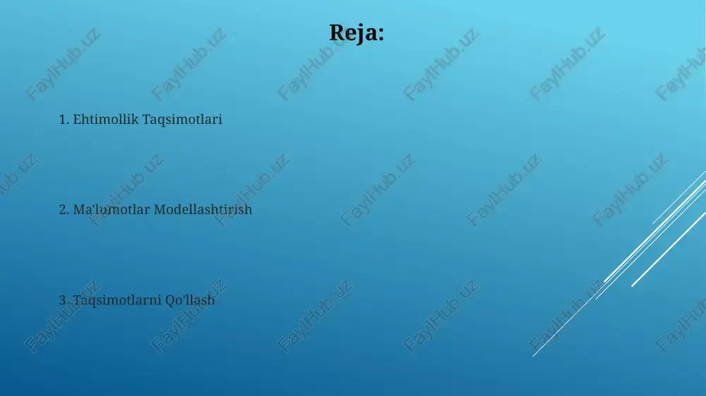 lar yig'indisini minimallashtirish orqali, regressiya modellaridagi parametrlarni baholashda keng qo'llaniladi va ko'pincha 2 dan ortiq regressiya parametrlari bilan ishlaydi. parametrlarni baholashda maksimal ehtimollik usuli, kuzatilgan ma'lumotlarga asoslanib, parametrlarning eng ehtimolli qiymatlarini topishga qaratilgan bo'lib, odatda 100 ta kuzatishdan ortiq ma'lumotlar uchun samarali hisoblanadi. beta taqsimot agar α=β=1 bo'lsa, beta taqsimot uniform taqsimotga aylanadi, ya'ni 0 dan 1 gacha bo'lgan har qanday qiymatning ehtimolligi teng bo'ladi. beta taqsimot, 0 va 1 orasidagi ulush yoki ehtimolliklarni modellashtirishda, masalan, muvaffaqiyat ehtimolligini yoki foizni modellashtirishda keng qo'llaniladi. diskret ehtimollik taqsimotlari puasson taqsimoti, o'rtacha λ = 2 bo'lgan hodisalar sonini modellashtirishda, 5 ta hodisa kuzatilish ehtimoli juda kam, chunki λ qiymati hodisalarning o'rtacha sonini ifodalaydi. diskret ehtimollik taqsimotlarida, masalan, bernulli taqsimotida, muvaffaqiyat ehtimoli p = 0.6 bo'lsa, 10 ta mustaqil sinovdan 7 tasining muvaffaqiyatli bo'lish ehtimoli binomial taqsimot yordamida hisoblanadi. eksponensial taqsimot eksponentsial taqsimot xotirasining yo'qligi xususiyatiga ega, ya'ni kelajakdagi voqea ehtimoli o'tmishdagi voqealarga bog'liq …