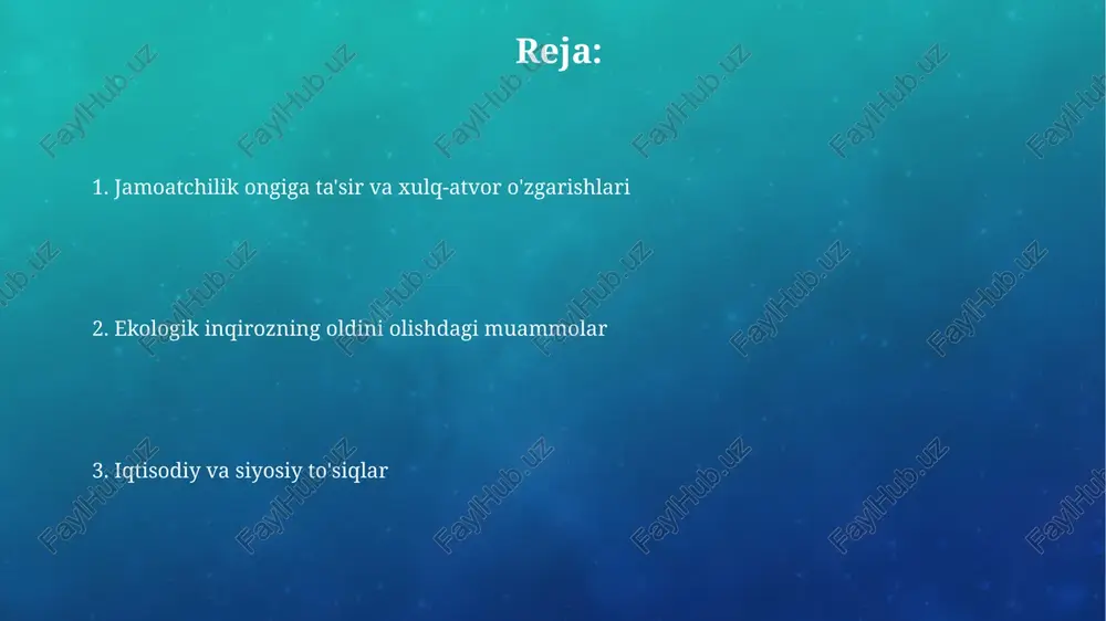 ng kam qoplanishi va ma'lumotlarning etarli darajada ishonchliligi yo'qligi (faqat 20% hududlar qamrab olingan), ekologik xavf-xatarlarni o'z vaqtida aniqlash va ularga javob berishni qiyinlashtiradi. ekologik inqirozning oldini olishdagi siyosiy to'siqlar ekologik siyosatni amalga oshirishda korruptsiya va mansabdor shaxslarning manfaatlar to'qnashuvi muammosi, bu esa 30% ga yaqin atrof-muhit loyihalarining samarasizligini keltirib chiqarmoqda. qisqa muddatli iqtisodiy manfaatlar uzoq muddatli ekologik barqarorlikdan ustun qo'yilishi, bu esa iqtisodiy o'sishning 20% atrofida ekologik zararlar hisobiga amalga oshirilishi bilan ifodalanadi. ma'lumotlarning yetishmasligi va monitoringning zaifligi bioxilma-xillik monitoringi uchun yetarli darajada ixtisoslashgan mutaxassislarning etishmasligi (taxminan 50% kamchilik), ma'lumotlarning ishonchliligi va tahlil sifatiga salbiy ta'sir ko'rsatadi. ma'lumotlarning 80% gacha ekologik jihatdan muhim hududlarga tegishli emasligi, monitoringning samarasizligi tufayli atrof-muhitning haqiqiy holatini aniqlashni qiyinlashtiradi. xalqaro hamkorlikning yetarli emasligi xalqaro shartnomalar, masalan, parij bitimi, davlatlarning co2 emissiyasini kamaytirish bo'yicha majburiyatlarini belgilaydi, ammo bu majburiyatlarning bajarilishini ta'minlashda samaradorlik past, 20 dan ortiq davlat o'z majburiyatlarini to'liq bajarmaydi. global ekologik muammolarni hal …