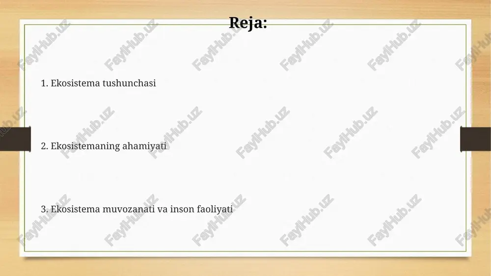 soladi. ekosistem muvozanati ekosistem muvozanatini saqlashda 70% dan ortiq turlar o'zaro bog'liq bo'lib, ularning birining yo'qolishi butun zanjirga ta'sir qiladi, natijada bioxilma-xillik kamayadi. ekosistem muvozanati 3 asosiy omilga – biotik (tirik organizmlar), abiotik (jonsiz tabiat) va antropogen (inson faoliyati) omillarga bog'liq bo'lib, ularning o'zaro ta'siri muvozanatni belgilaydi. o'simliklarning fotosintez jarayoni orqali 20% ga yaqin atmosferadagi karbon dioksidni yutib, yerning iqlim muvozanatini ta'minlashda ekosistem muvozanati muhim rol o'ynaydi. ekosistem tahdidi o'rmonlarning kesilishi, suv havzalarining ifloslanishi kabi 3 asosiy omillar, global ekosistemlarning 60% dan ortig'ini tahdid qilmoqda. ekosistem tahdidlari, 2050-yilga kelib, global bioxilma-xillikning 10% gacha kamayishiga olib kelishi mumkin, bu esa oziq-ovqat xavfsizligi va iqtisodiy barqarorlikka jiddiy tahdid soladi. antropogen ta'sirlar, jumladan, iqlim o'zgarishi va ifloslanish, 1 million turdagi o'simlik va hayvonlarning yo'q bo'lib ketish xavfini tug'diradi, bu esa ekosistemning barqarorligiga putur yetkazadi. ekosistem xizmatlari ekosistem xizmatlari, ya'ni tabiatning insoniyatga taqdim etayotgan bepul foydalari yiliga taxminan 125 trillion aqsh dollariga baholanadi, bu …