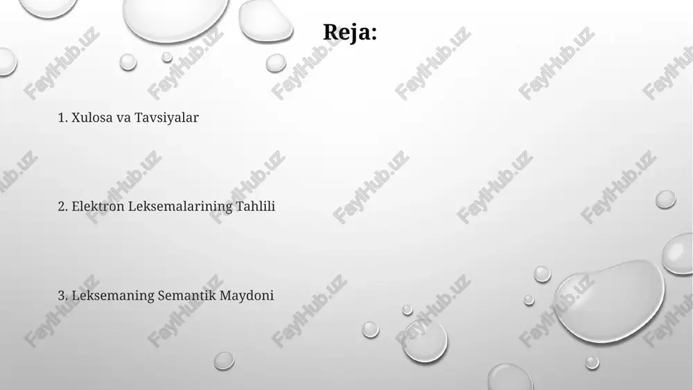 stik xususiyatlari tahlil qilinadi. elektron lug'atlardagi "elektron" leksemasining konteksti uning 10 ga yaqin sinonimlari va 20 dan ortiq antonimlari bilan aniqlanadi, bu esa uning ma'noviy maydonining kengligini ko'rsatadi. lexemaning semantik maydoni "elektron" so'zining turli sohalardagi 5 ta asosiy ma'nosi va ularning o'zaro bog'liqligi orqali tahlil qilinadi: fizika, texnika, musiqa va boshqalar. leksemaning semantik maydoni semantik maydon tarkibiga leksik birliklarning 15-25% ga yaqin qismi kiritilishi mumkin, bu ularning nutqdagi chastotasi va kontekstiga bog'liq. leksemaning semantik maydoni so'zning 3 dan 10 gacha yaqin ma'nolarini o'z ichiga olgan bo'lishi mumkin, ular sinonimlar, antonimlar va bog'liq atamalarni o'z ichiga oladi. leksemaning semantik maydoni sinxron va diaxron tahlillar orqali o'rganilib, uning 5-12 ta asosiy komponentlarini aniqlash mumkin. e'tiboringiz uchun rahmat @taqdimot_robot image1.png image2.png image3.png
